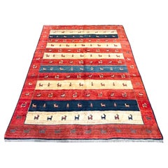 Authentic Persian Shiraz Hand Knotted Tribal Animal Motif Red Blue Gabbeh