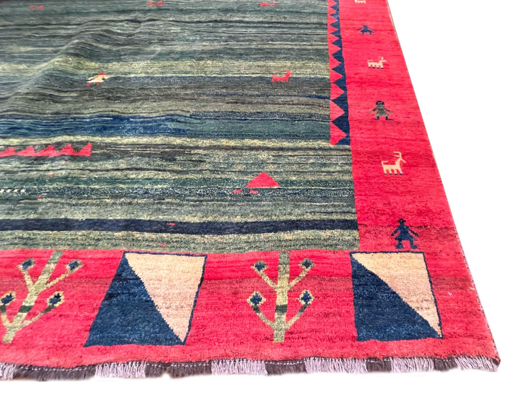 Late 20th Century  Authentic Persian Shiraz Hand Knotted Tribal Red Blue Green Gabbeh For Sale