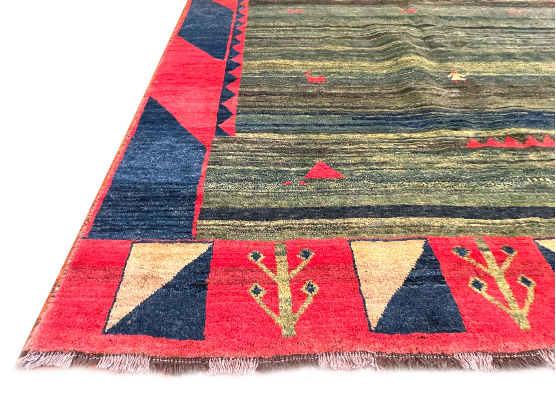 Wool  Authentic Persian Shiraz Hand Knotted Tribal Red Blue Green Gabbeh For Sale