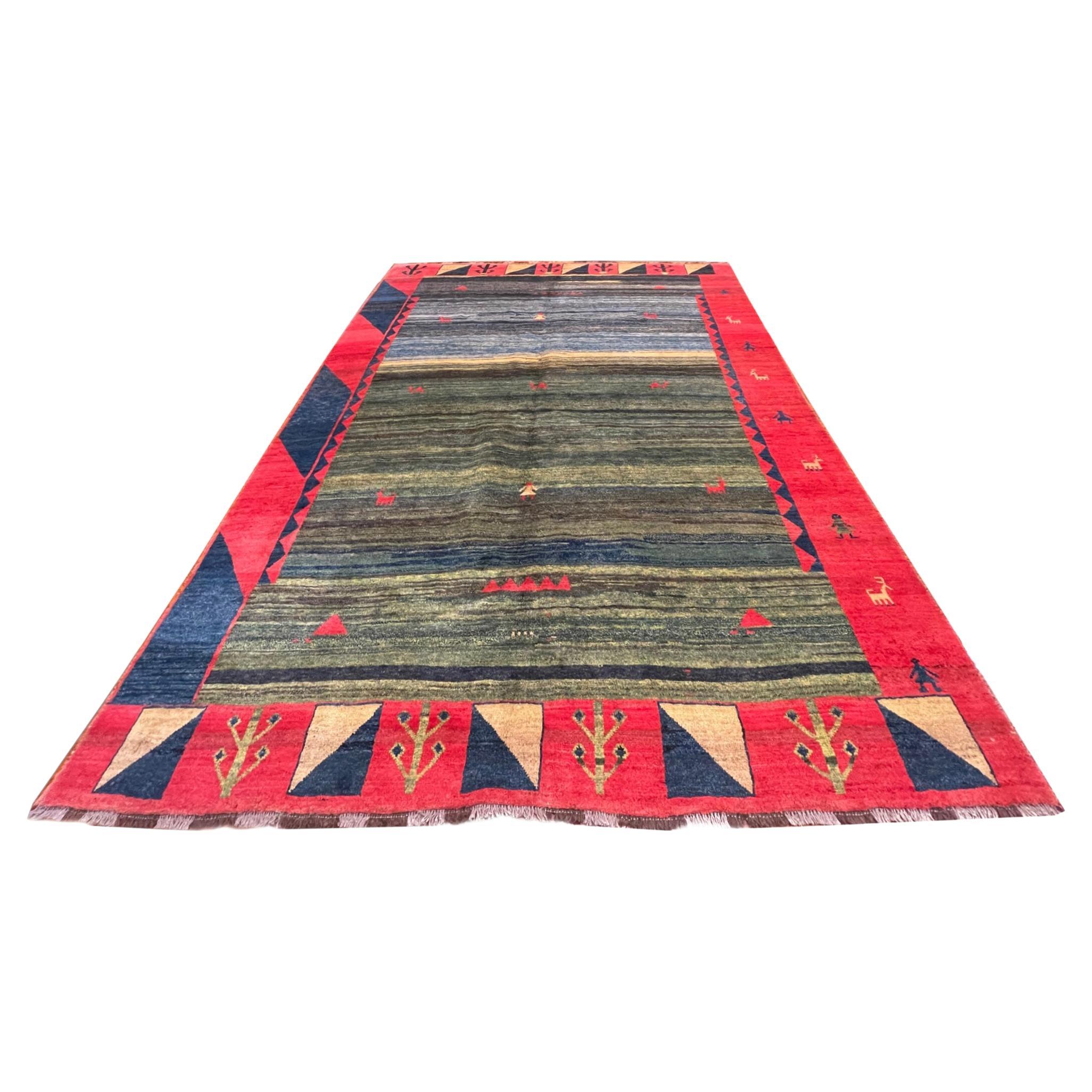  Authentic Persian Shiraz Hand Knotted Tribal Red Blue Green Gabbeh For Sale