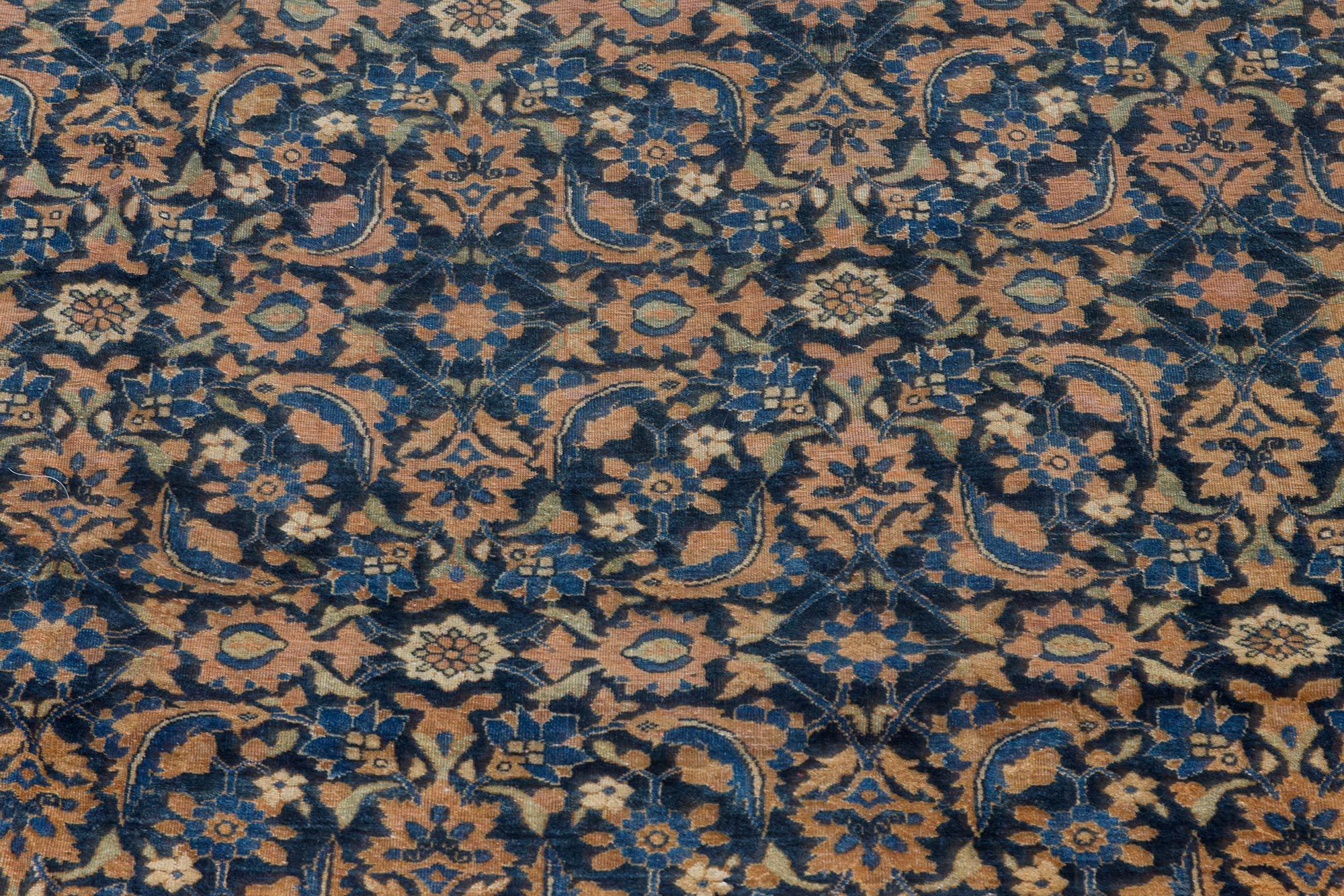 Hand-Knotted Early 20th Century Persian Tabriz Botanic Blue Handmade Wool Rug For Sale