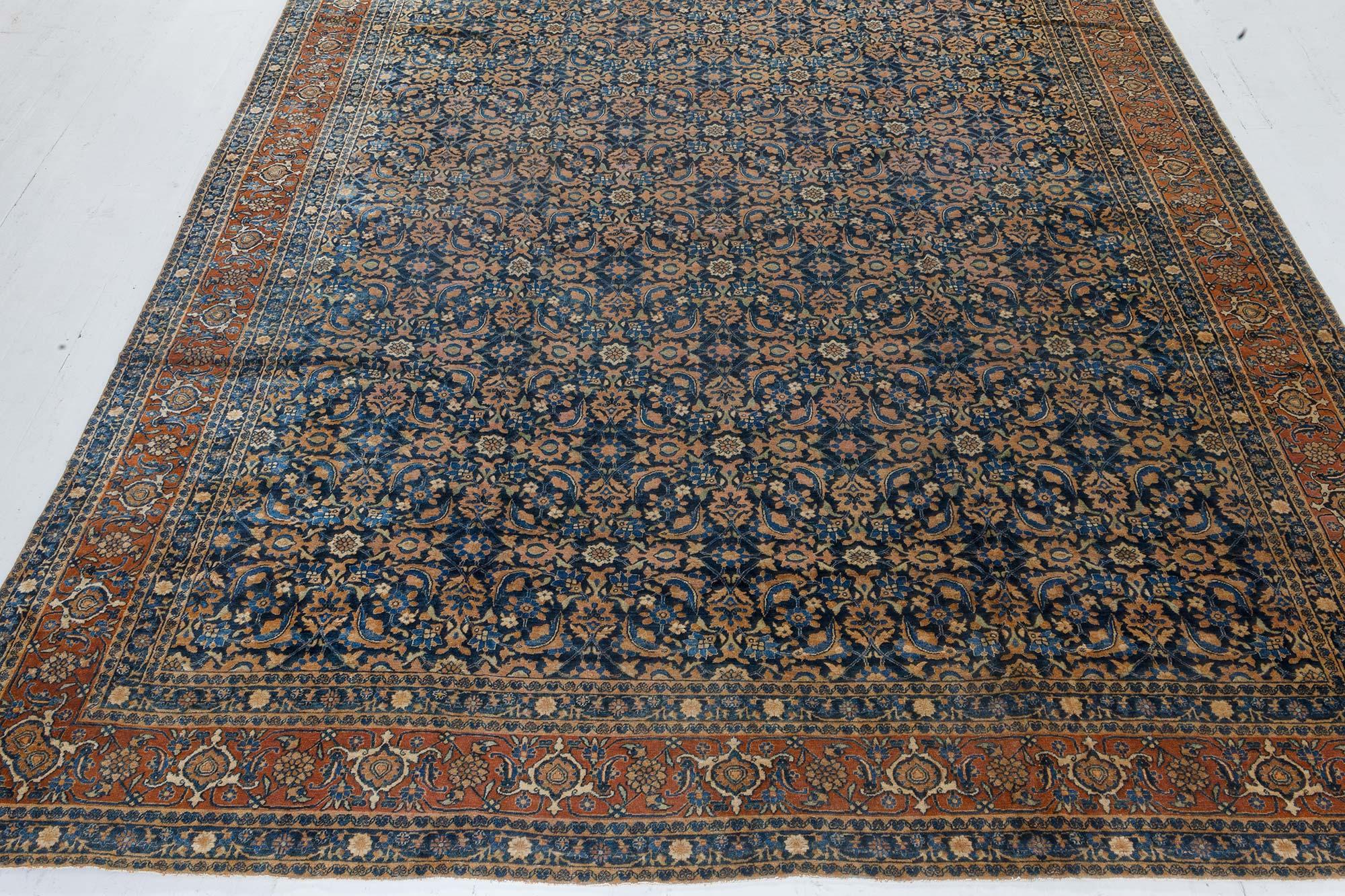 Early 20th Century Persian Tabriz Botanic Blue Handmade Wool Rug For Sale 1