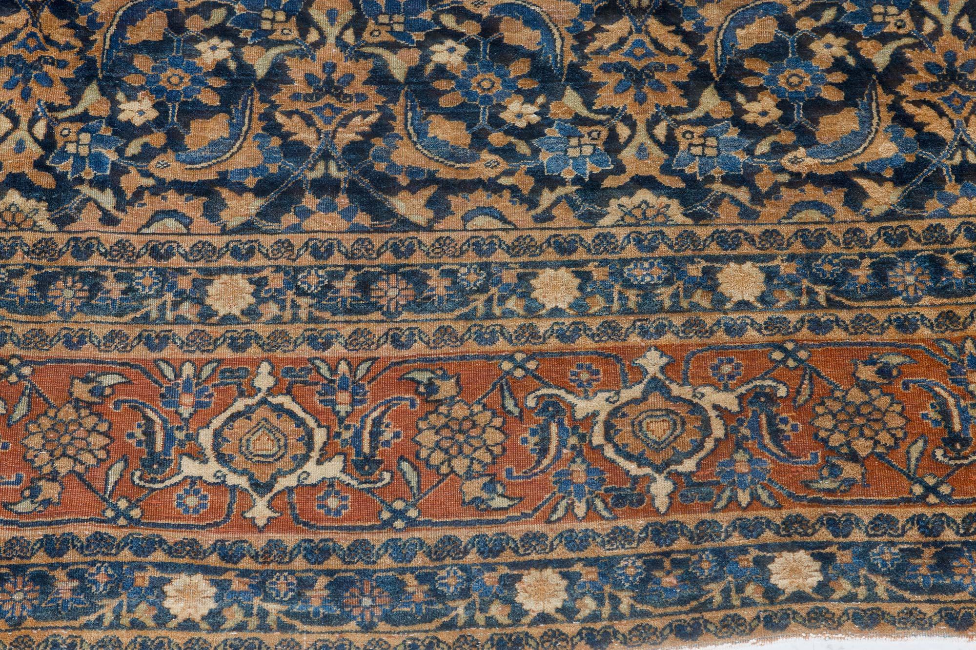 Early 20th Century Persian Tabriz Botanic Blue Handmade Wool Rug For Sale 2