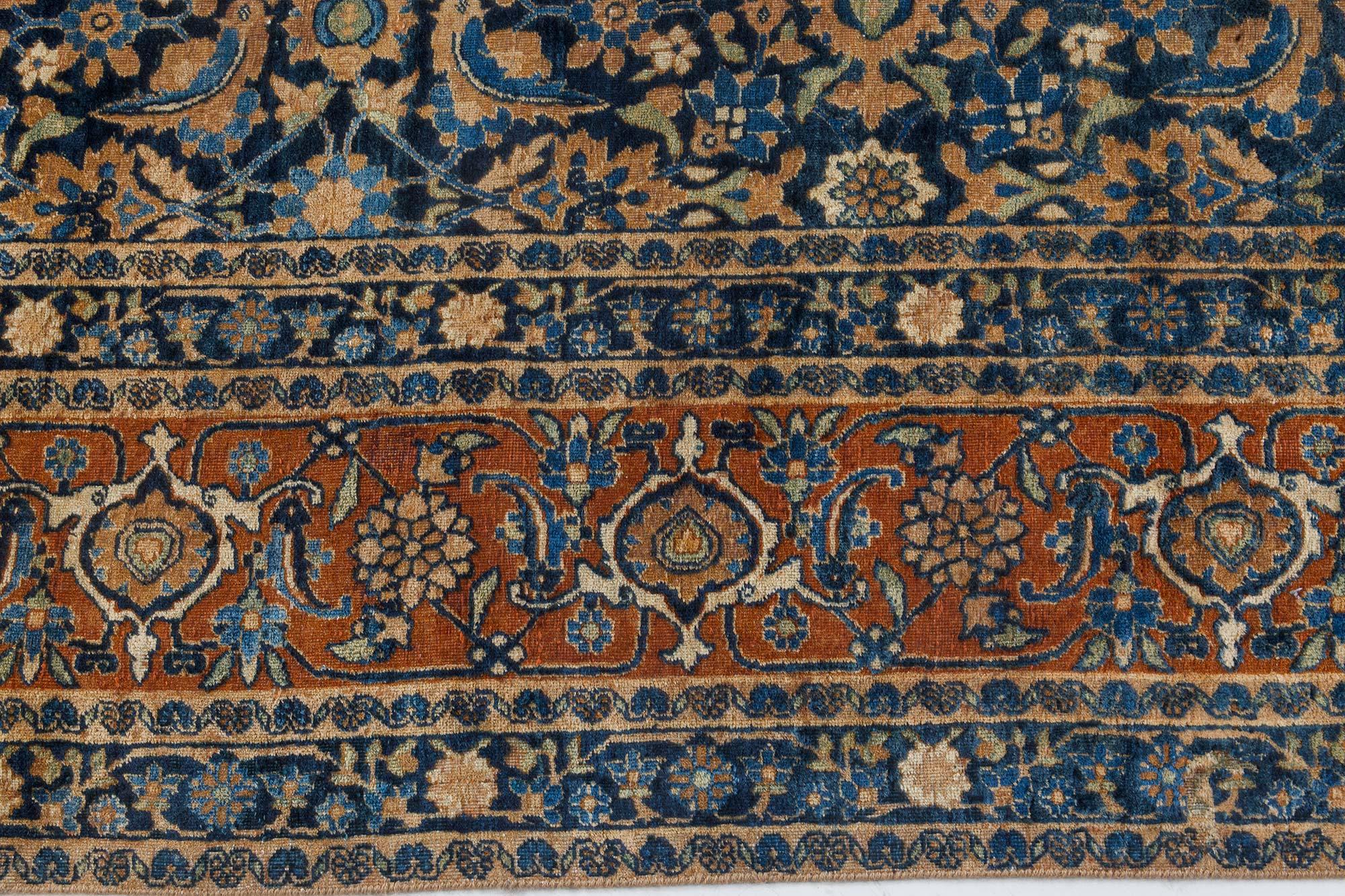 Early 20th Century Persian Tabriz Botanic Blue Handmade Wool Rug For Sale 3