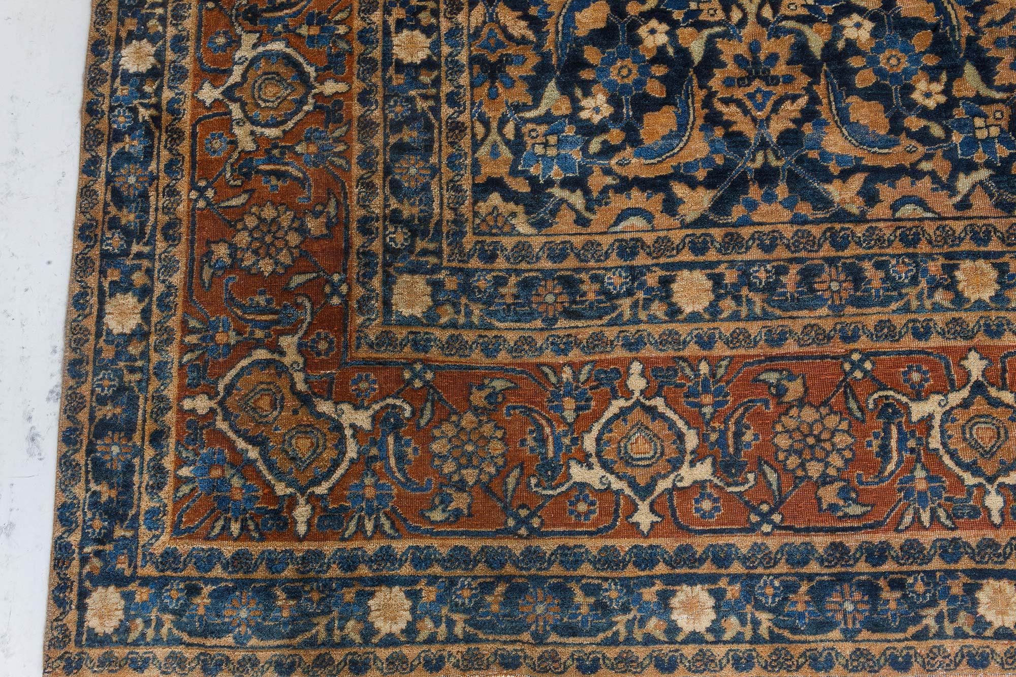Early 20th Century Persian Tabriz Botanic Blue Handmade Wool Rug For Sale 4