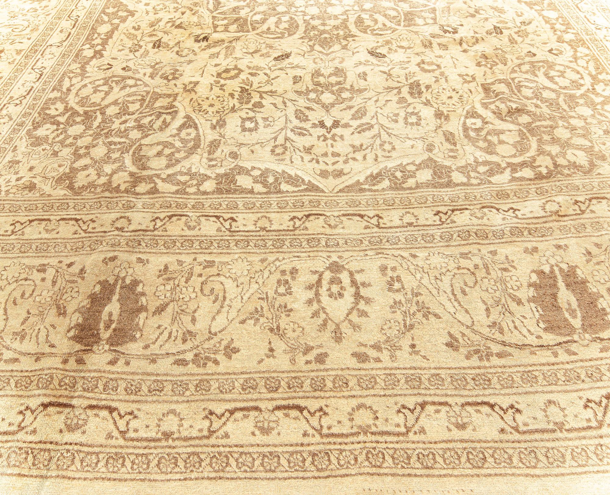 Authentic Persian Tabriz Brown Handmade Wool Rug For Sale 2