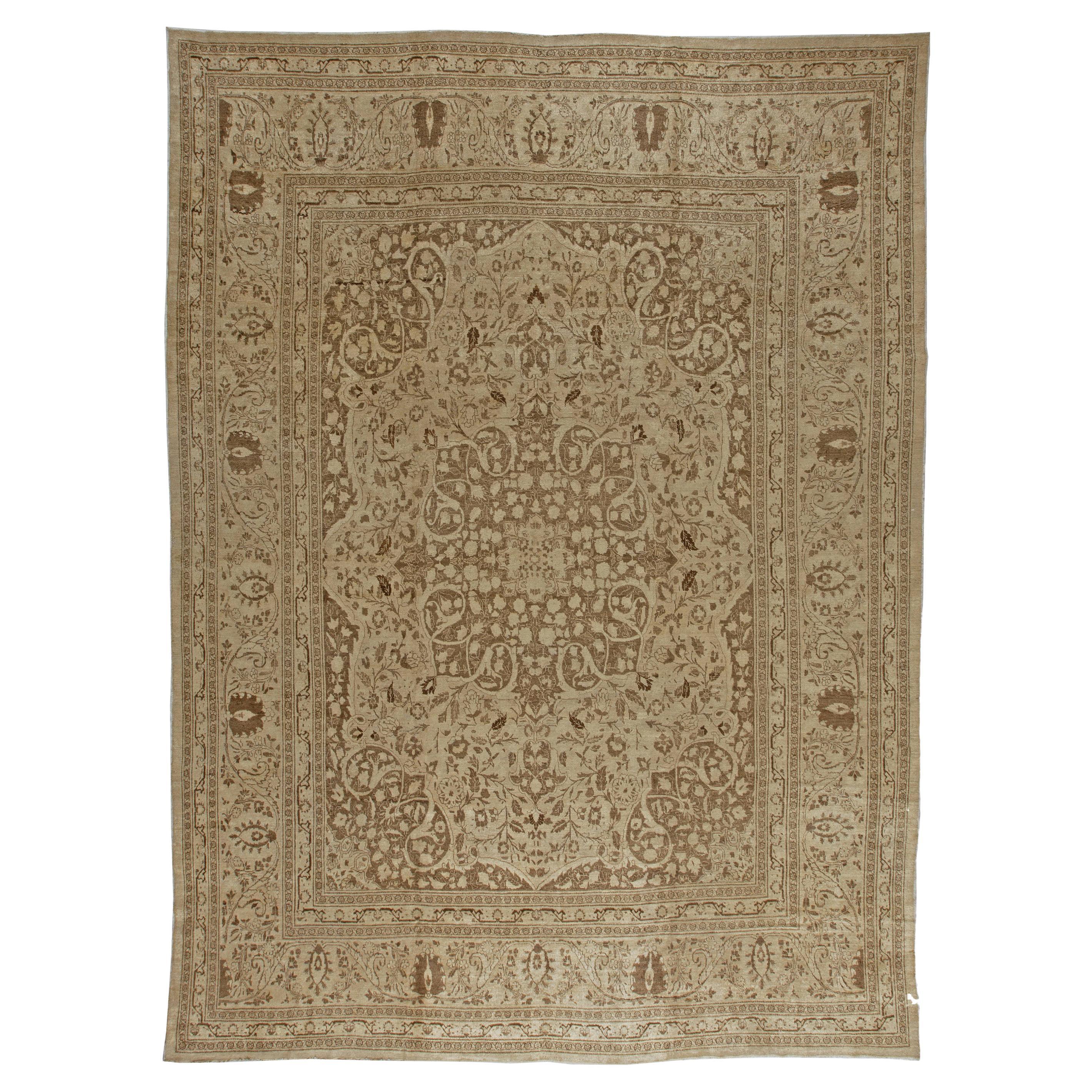 Authentic Persian Tabriz Brown Handmade Wool Rug