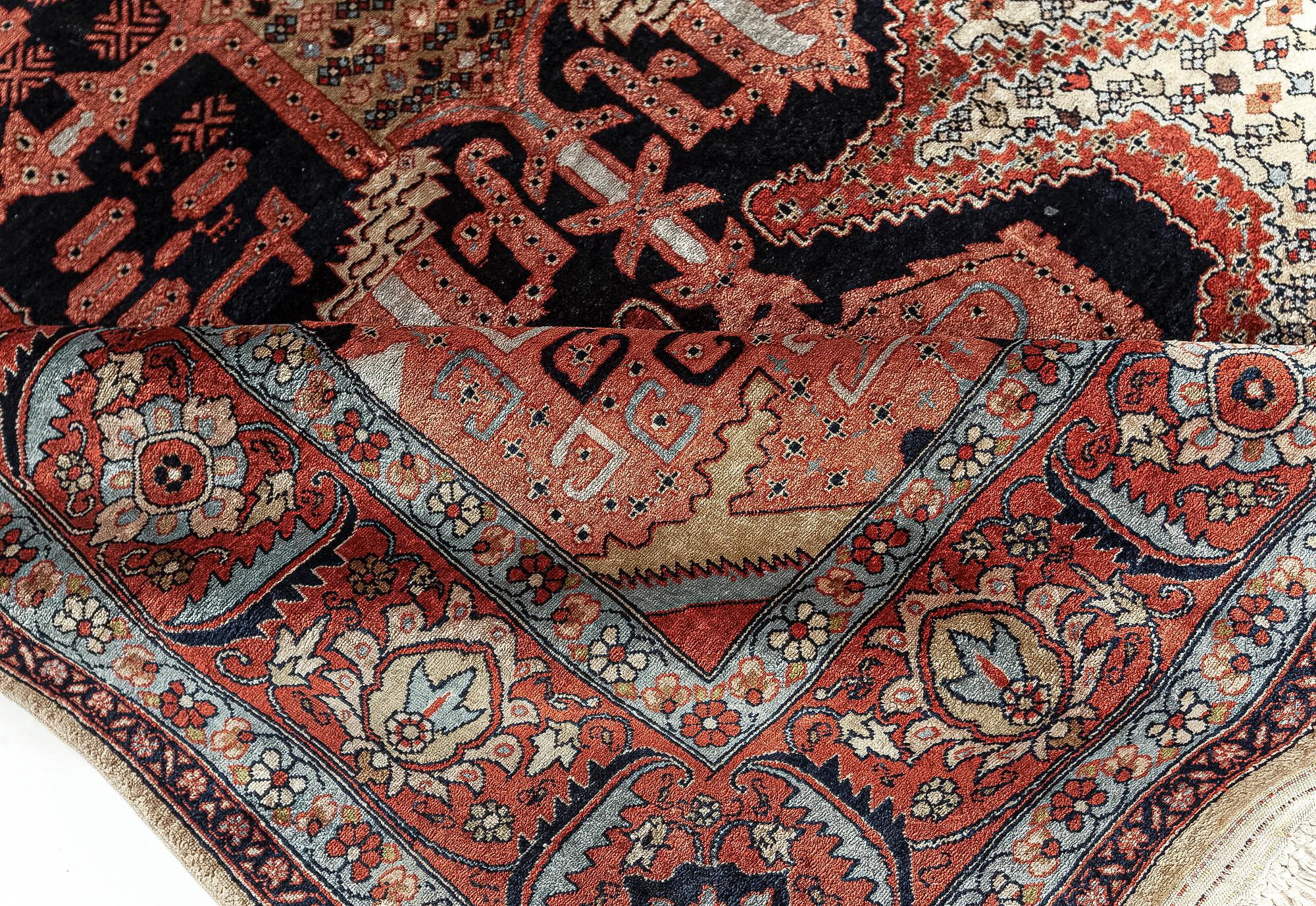 Authentic Persian Tabriz Handmade Silk Rug in Beige, Blue and Red
Size: 4'1