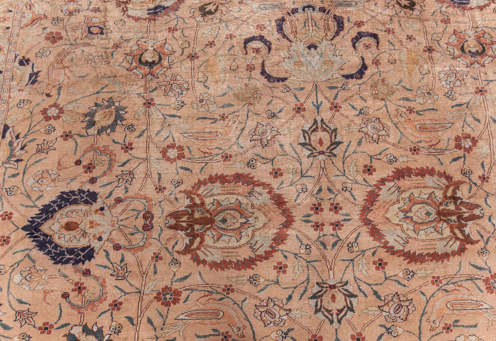 Authentic Persian Tabriz silk rug in blue, brown, green, orange, pink, purple
Size: 9'8