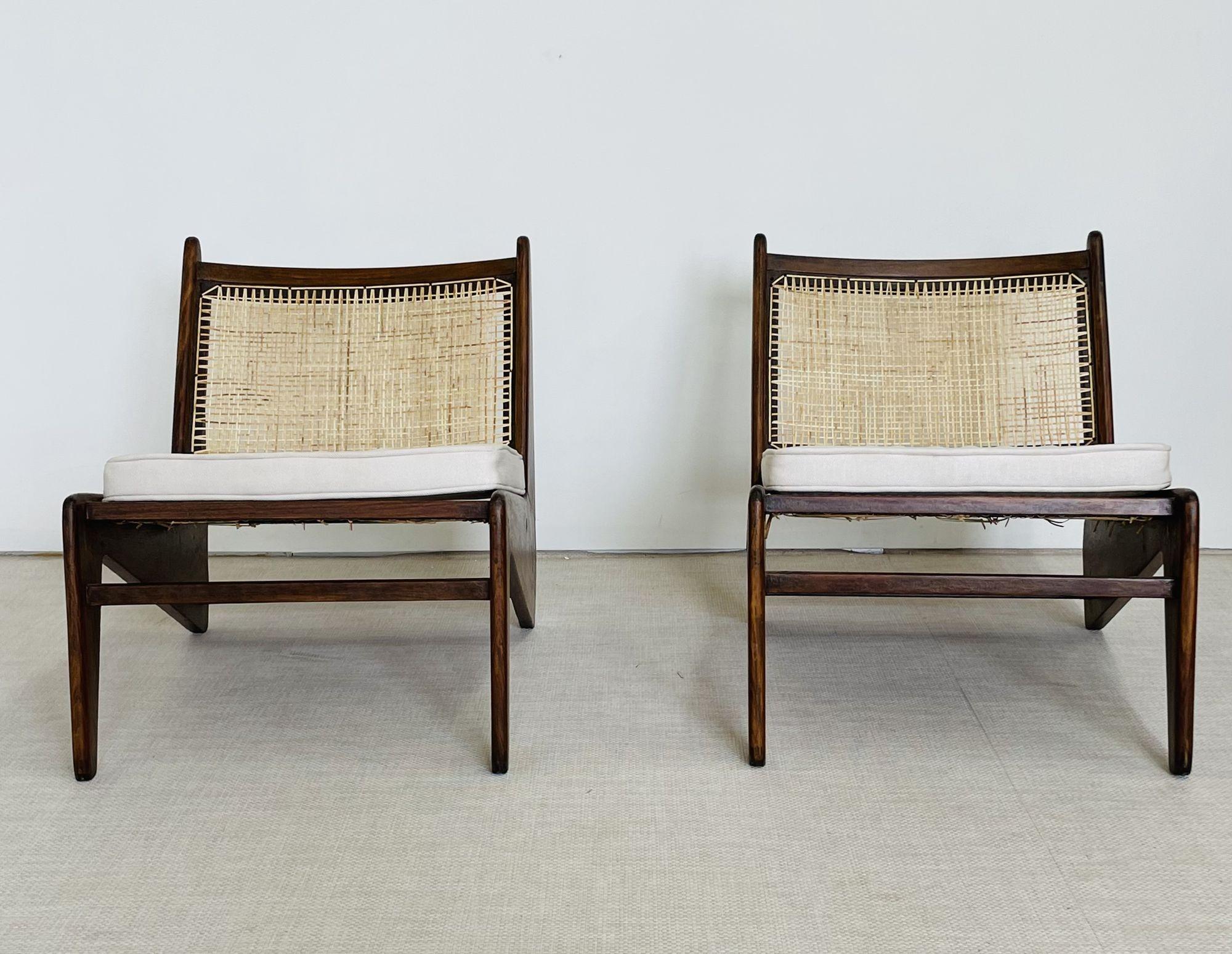 Mid-Century Modern Pierre Jeanneret, French Mid-Century, Kangaroo Chairs, Teak, Cane, India, 1960s For Sale