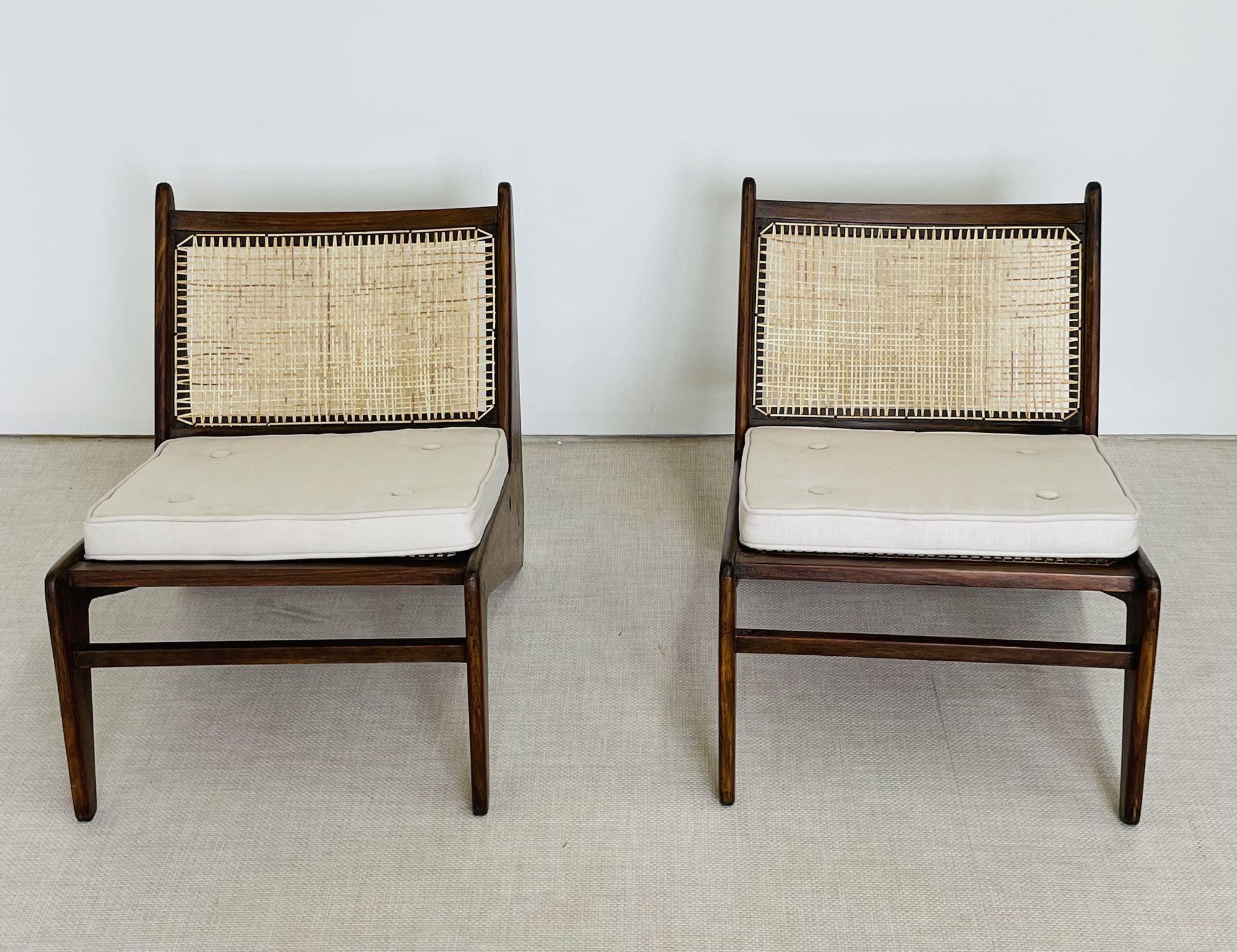 Indian Pierre Jeanneret, French Mid-Century, Kangaroo Chairs, Teak, Cane, India, 1960s For Sale