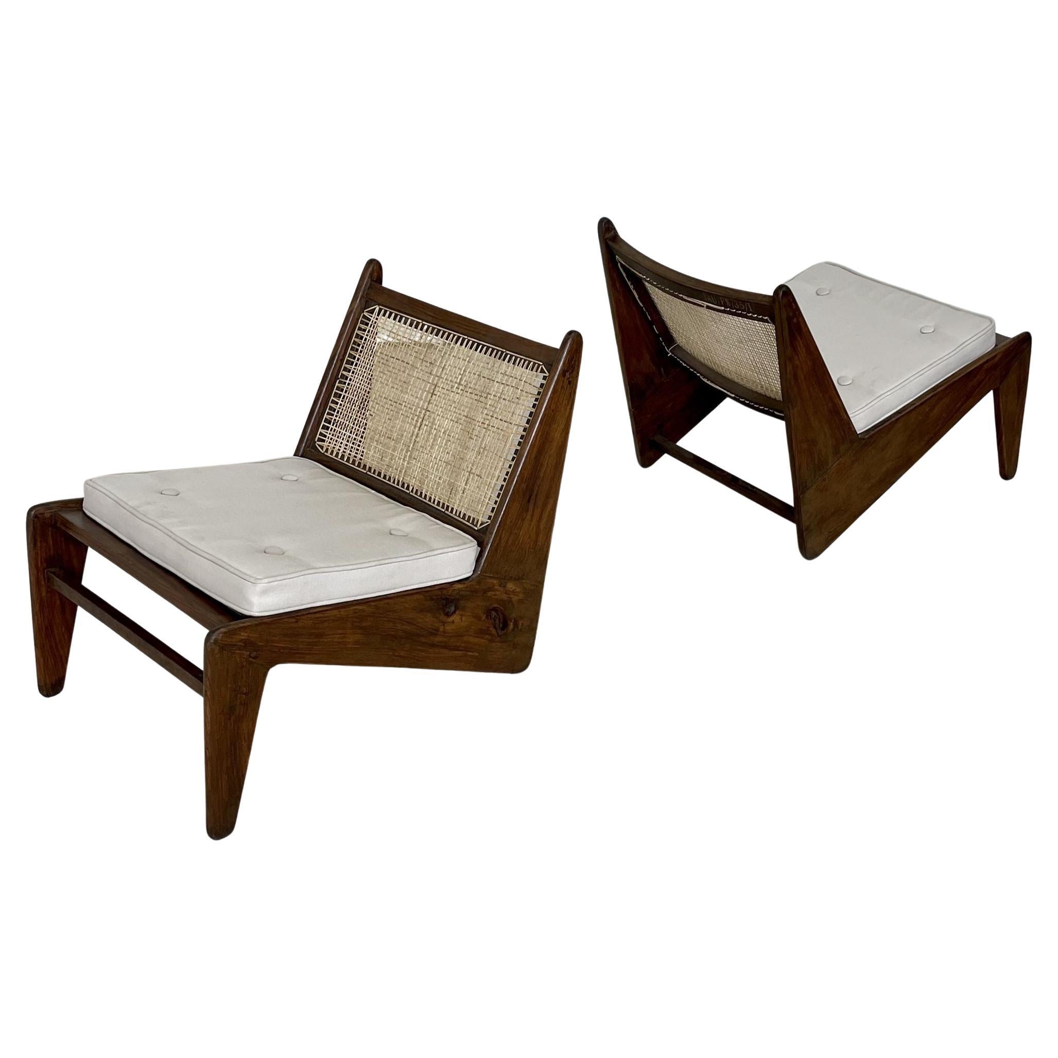 Pierre Jeanneret, French Mid-Century, Kangaroo Chairs, Teak, Cane, India, 1960s For Sale