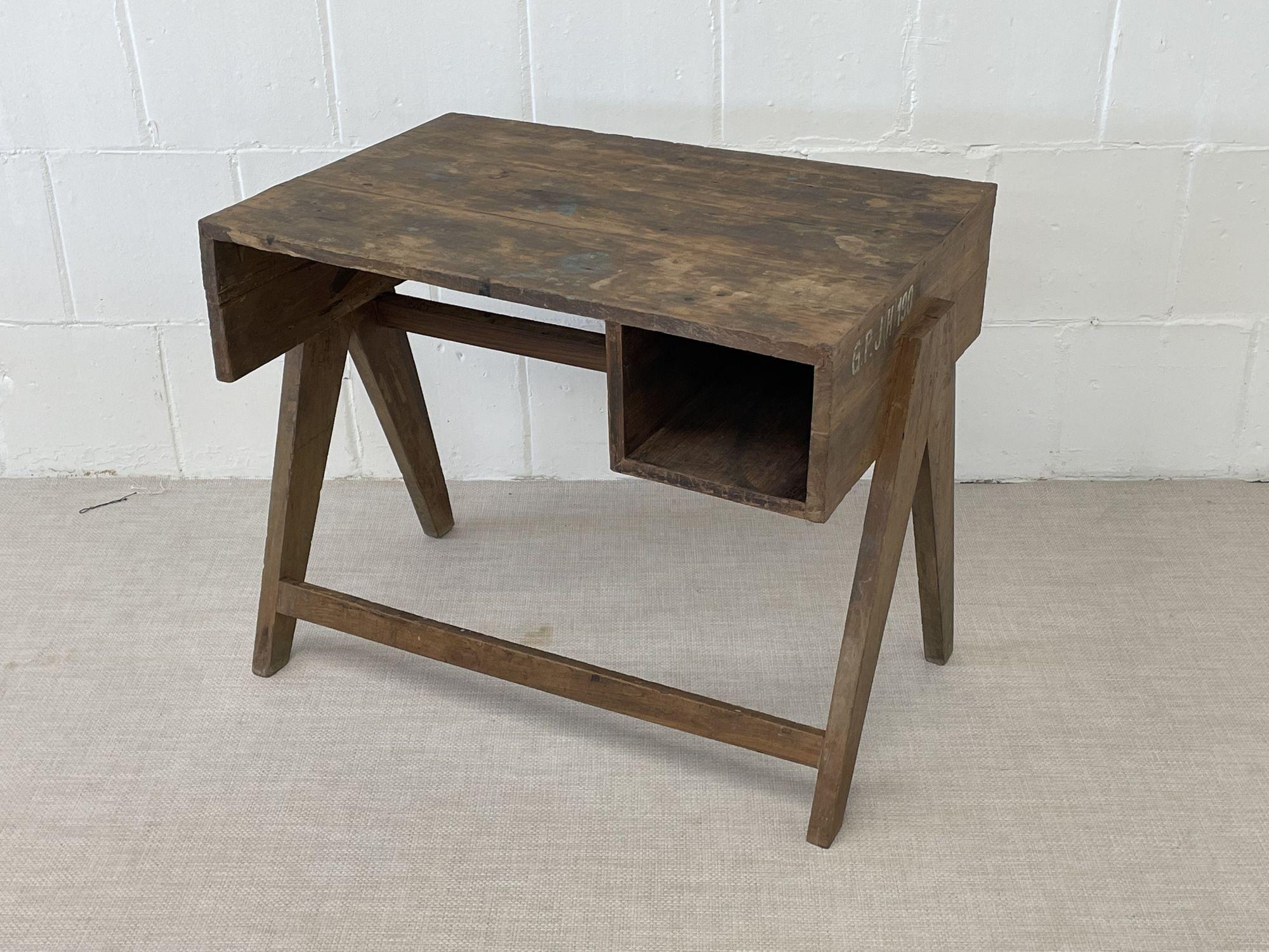 Cane Pierre Jeanneret Attr., French Mid-Century Modern Study Desk, Teak, India, 1960s