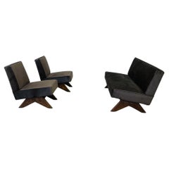 Pierre Jeanneret Attr., French Mid-Century Modern, Sofa Set, Teak, Fabric, India