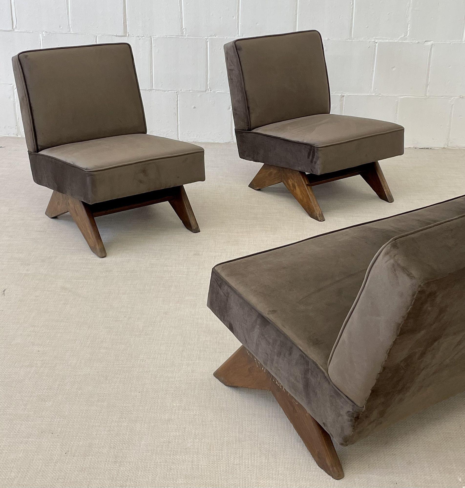 Pierre Jeanneret, French Mid-Century, Slipper Chairs, Teak, Fabric, India, 1960s 6