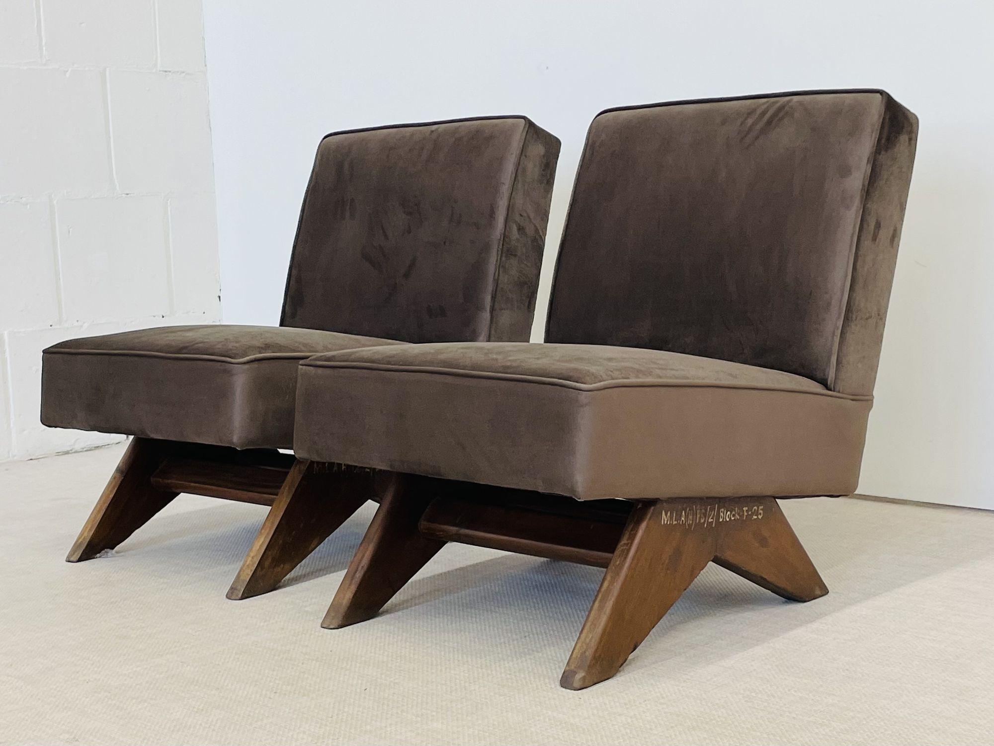 Indian Pierre Jeanneret, French Mid-Century, Slipper Chairs, Teak, Fabric, India, 1960s