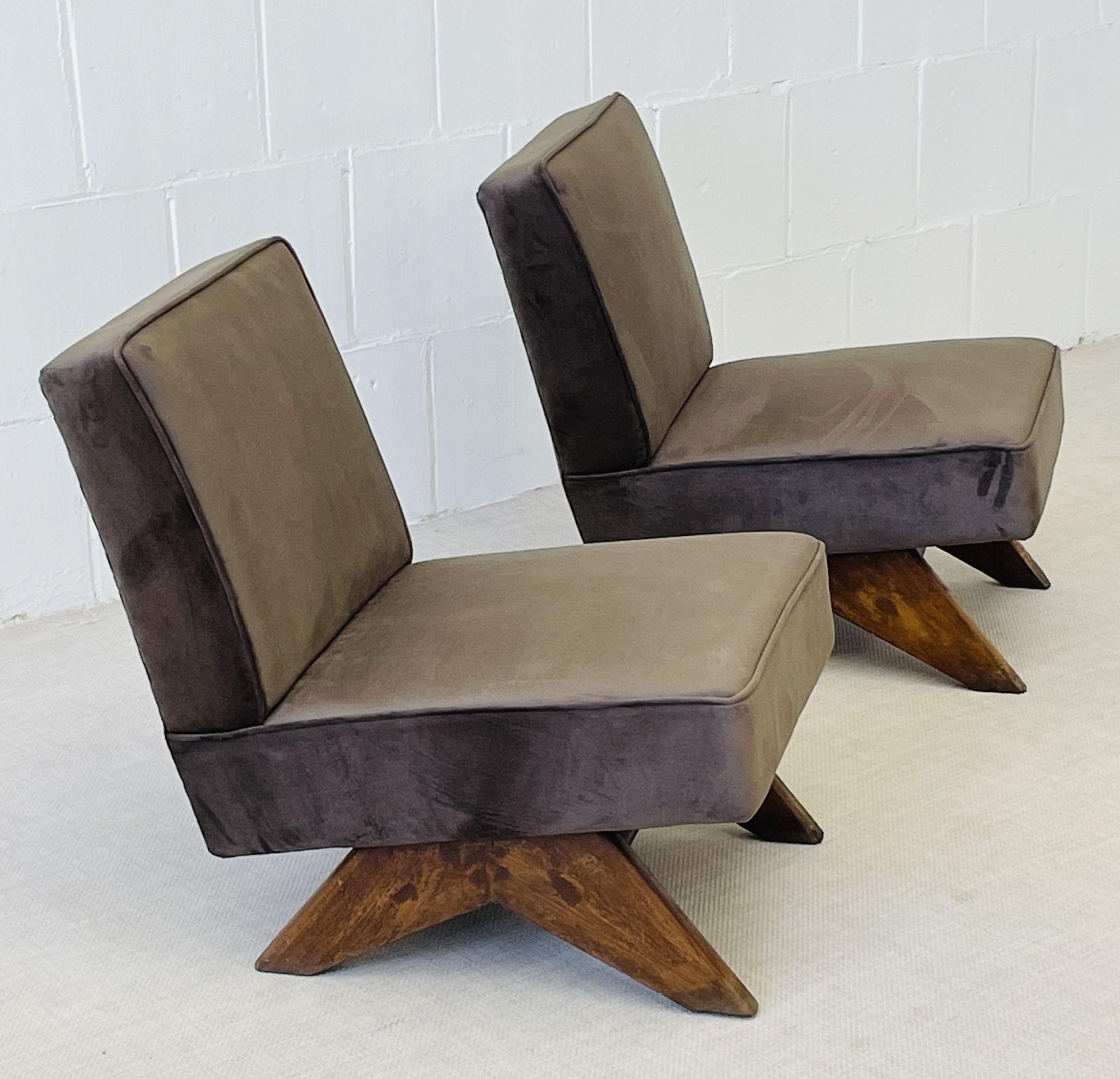 Pierre Jeanneret, French Mid-Century, Slipper Chairs, Teak, Fabric, India, 1960s In Good Condition In Stamford, CT