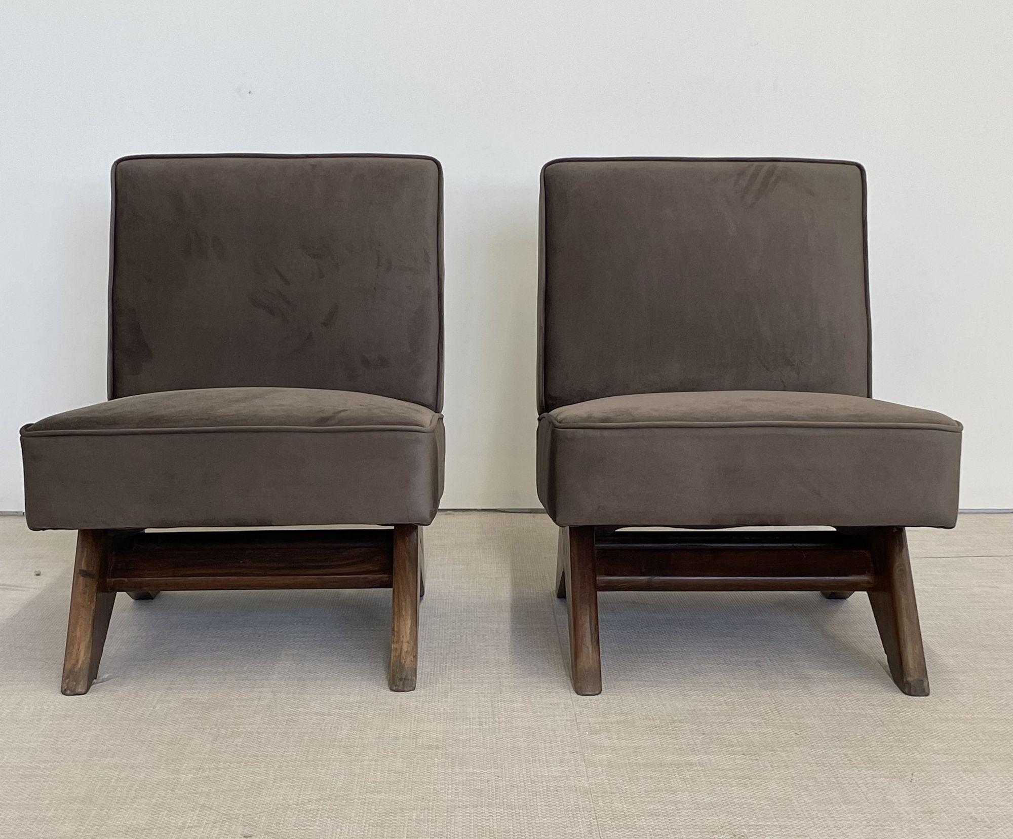 Pierre Jeanneret, French Mid-Century, Slipper Chairs, Teak, Fabric, India, 1960s 1