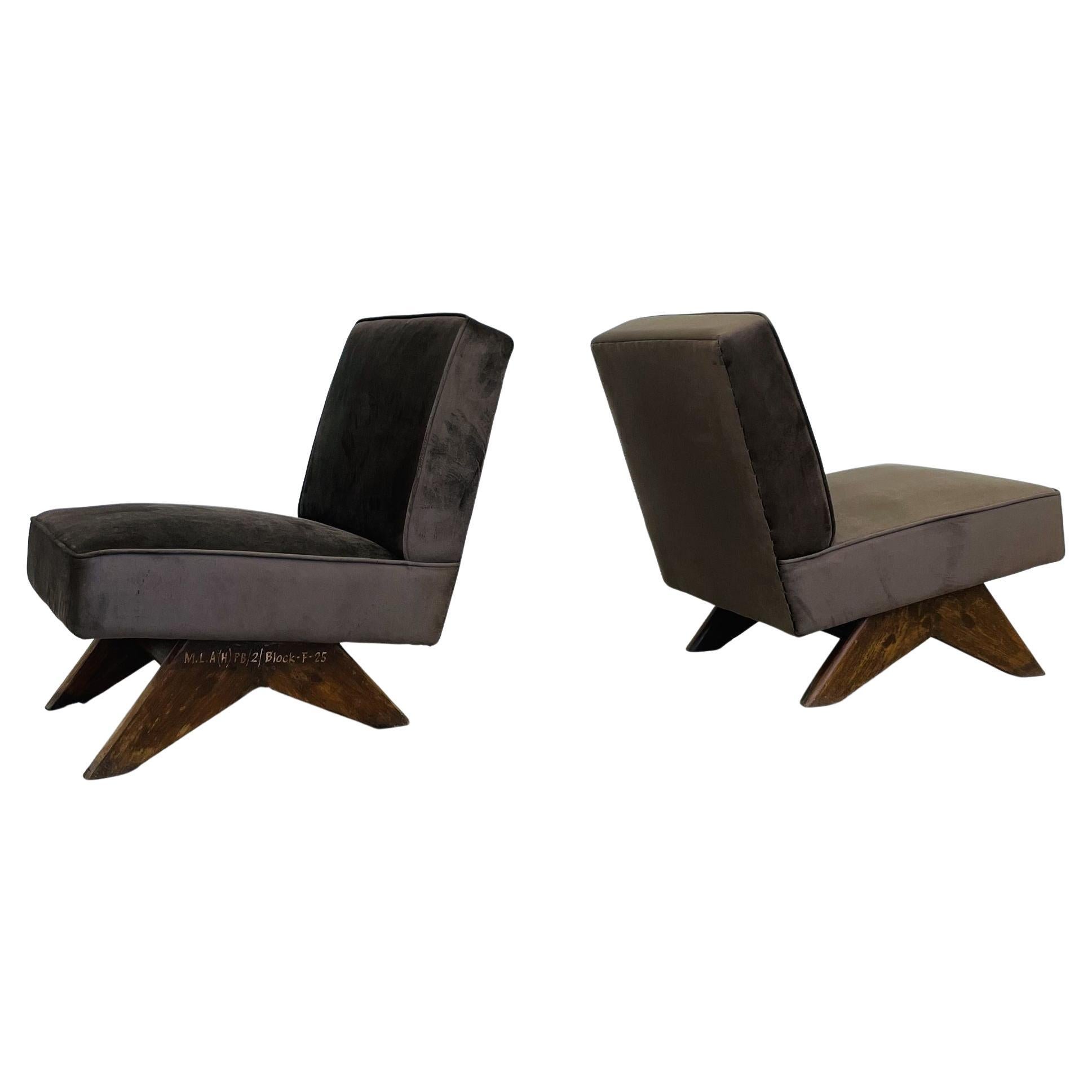 Pierre Jeanneret, French Mid-Century, Slipper Chairs, Teak, Fabric, India, 1960s