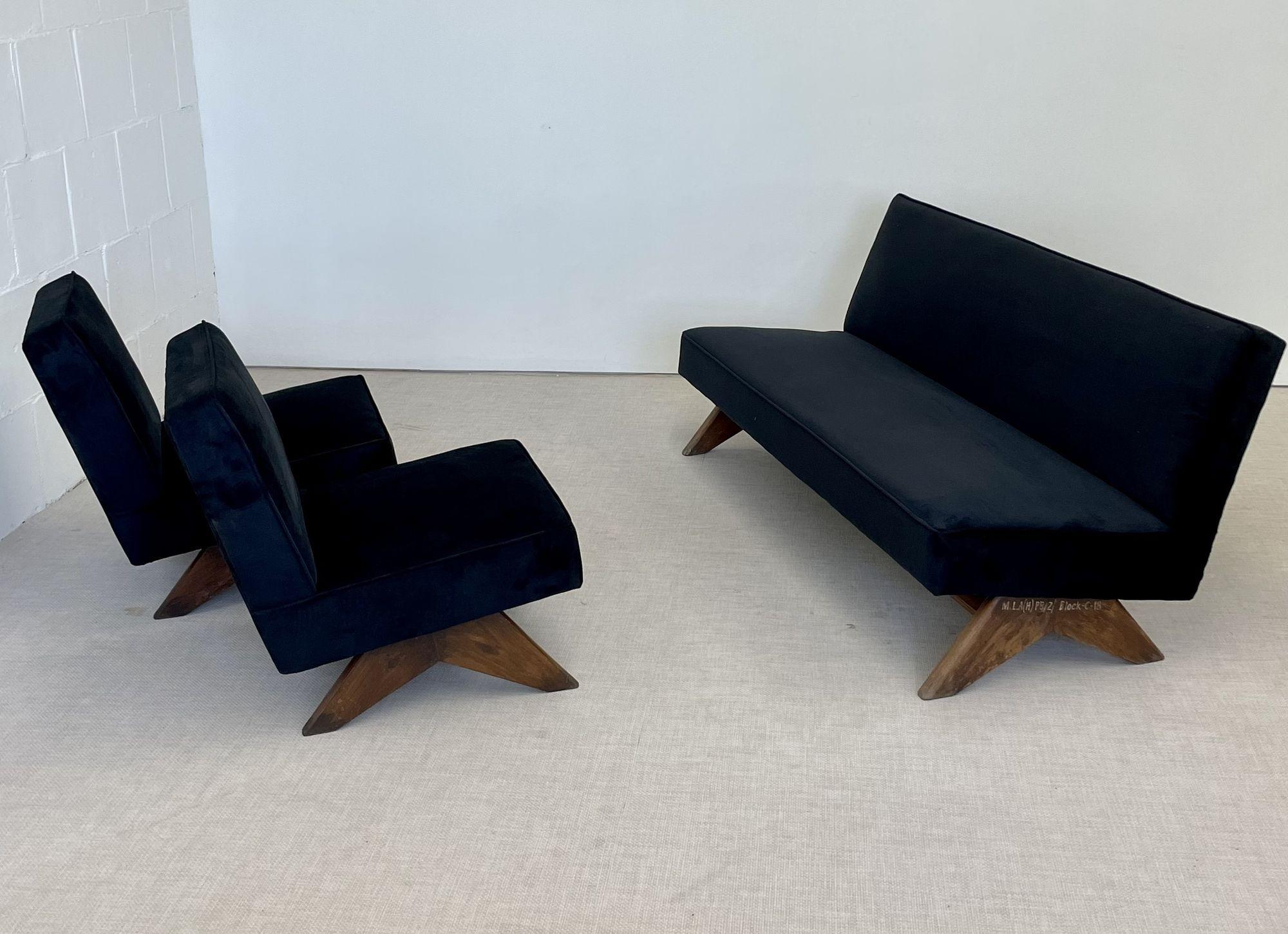 Indian Pierre Jeanneret Upholstered Sofa Set, Black Suede, Mid-Century Modern