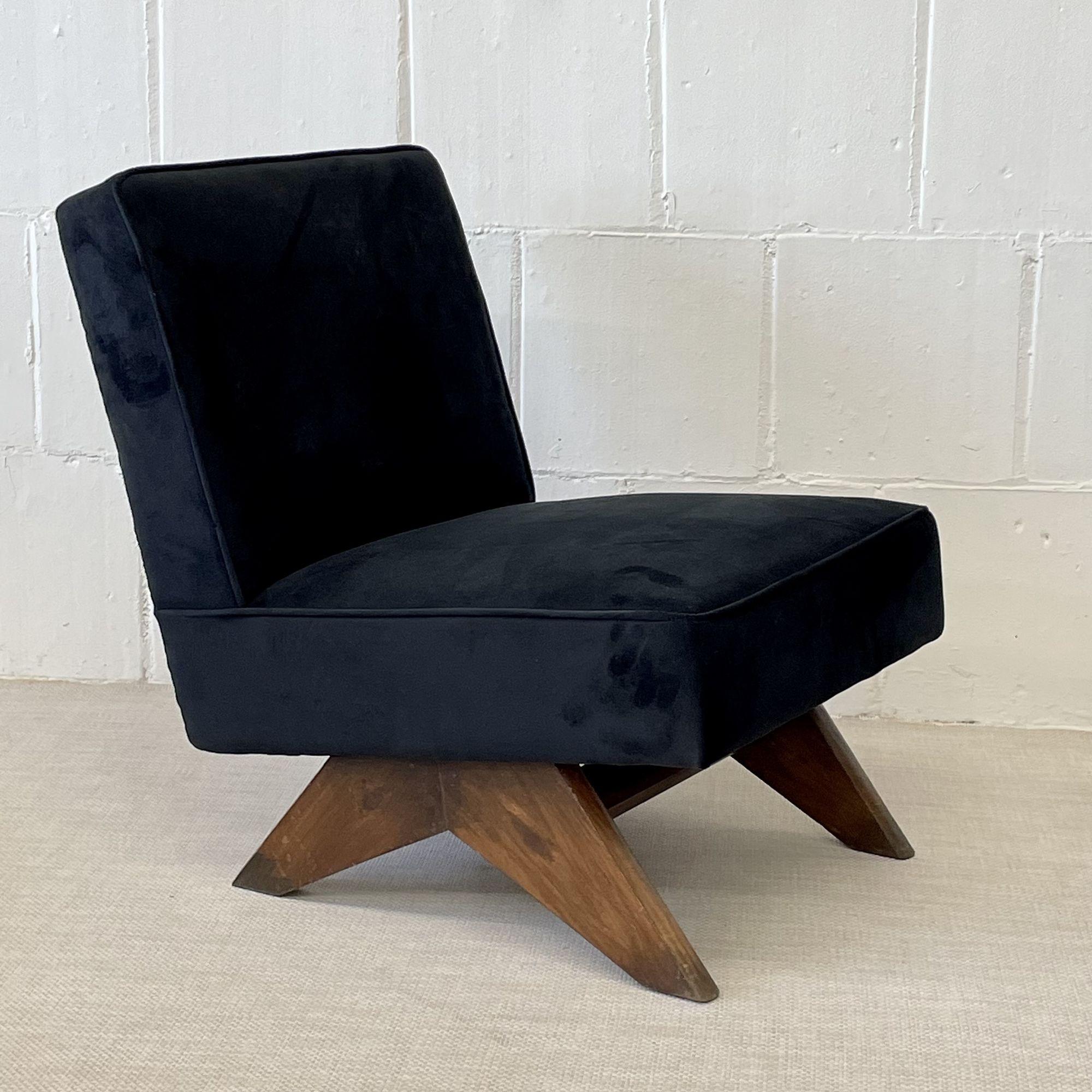 Mid-20th Century Pierre Jeanneret Upholstered Sofa Set, Black Suede, Mid-Century Modern