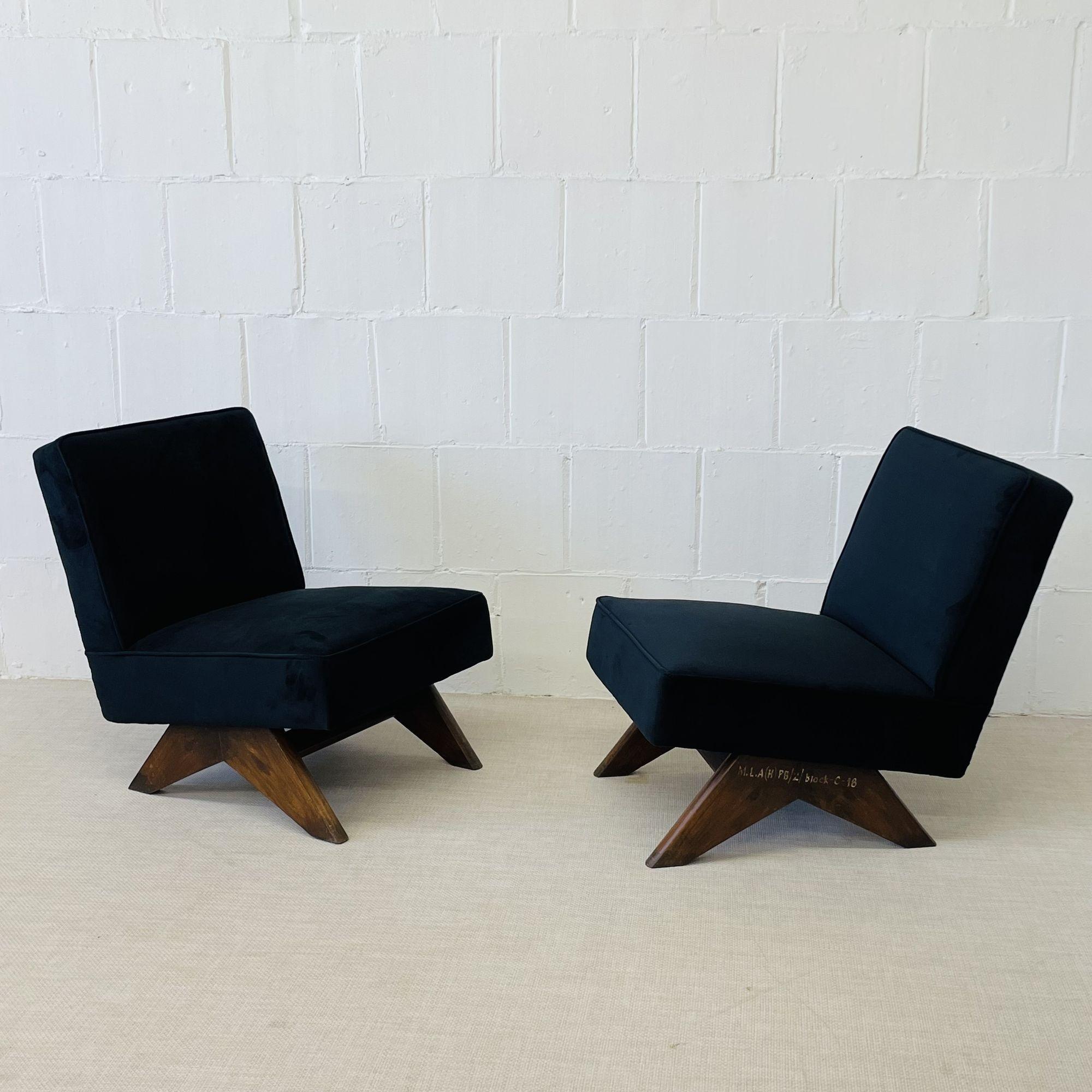 Textile Pierre Jeanneret Upholstered Sofa Set, Black Suede, Mid-Century Modern