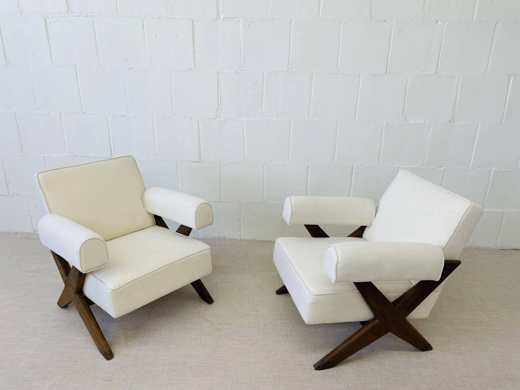 Pierre Jeanneret, Französisches Mid-Century-Modern-Sofa-Set, X-Leg, Chandigarh, 1960er Jahre (Leinen) im Angebot
