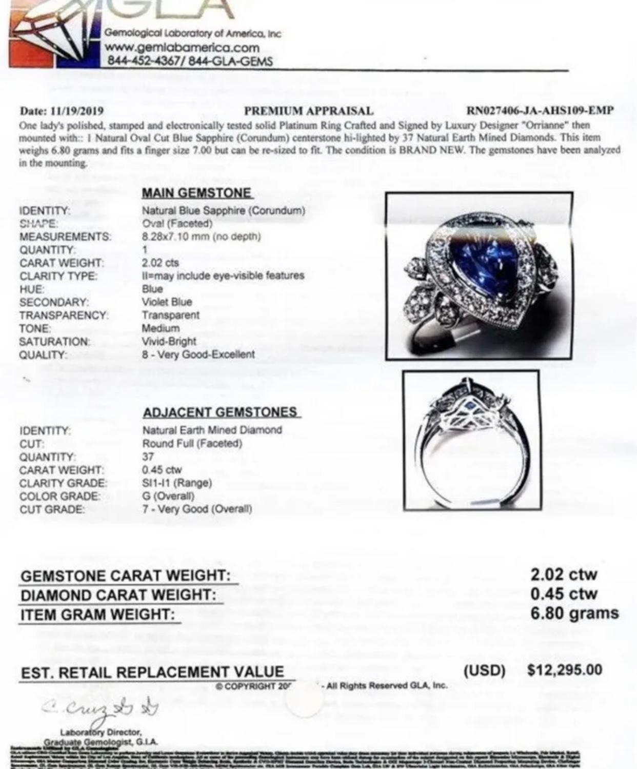 Women's Authentic Platinum 2.02 Ct Sapphire & Diamond Ring Appraisal Inc For Sale