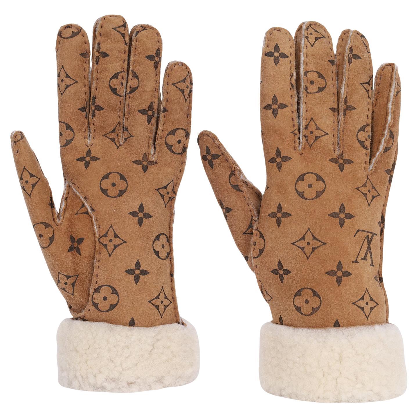 Louis Vuitton Monogram Brown Shearling Mouton Handschuhe 7.5