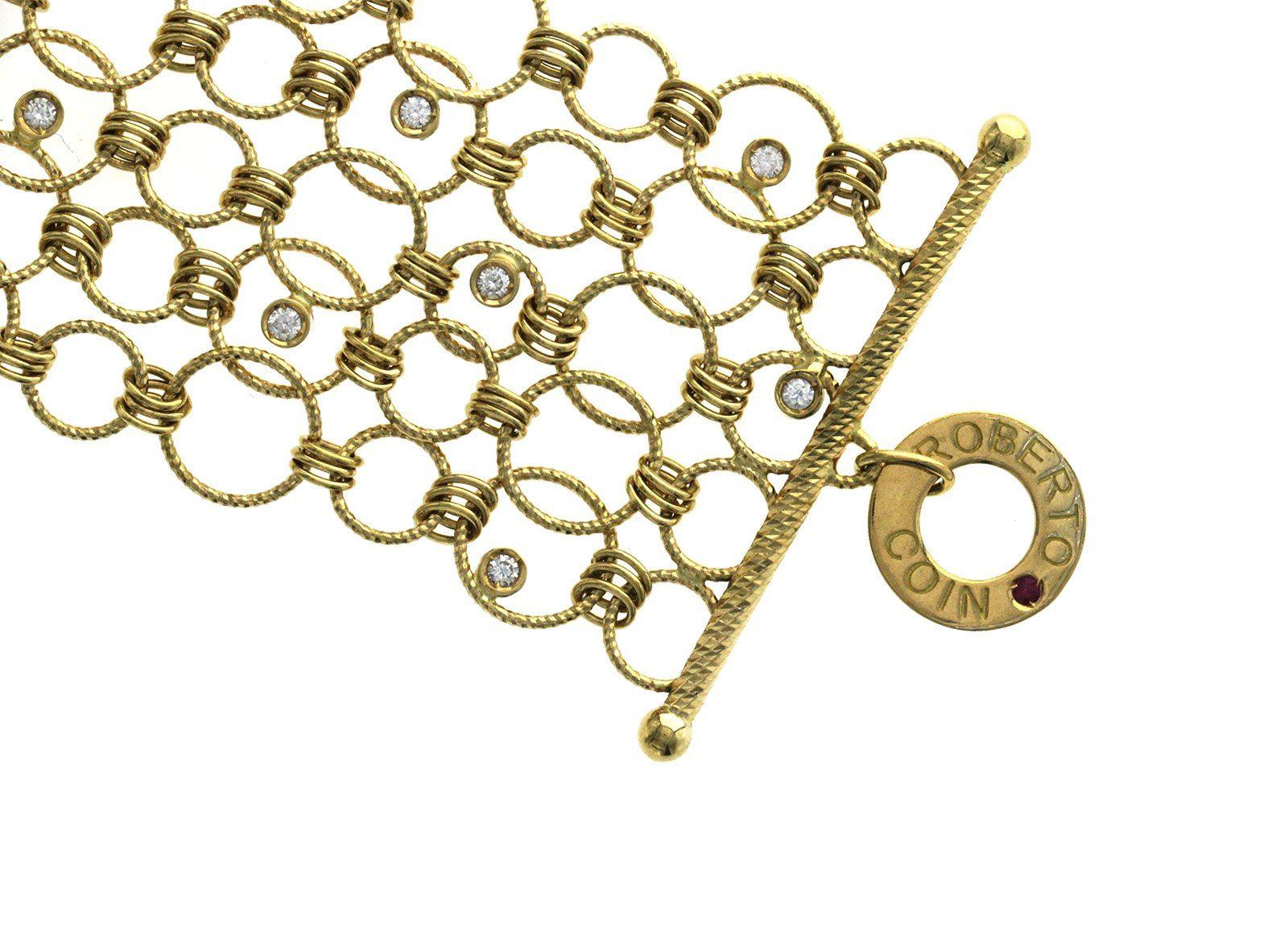 Women's Authentic Roberto Coin 18 Karat Yellow Gold Diamond Wide Link Bracelet For Sale