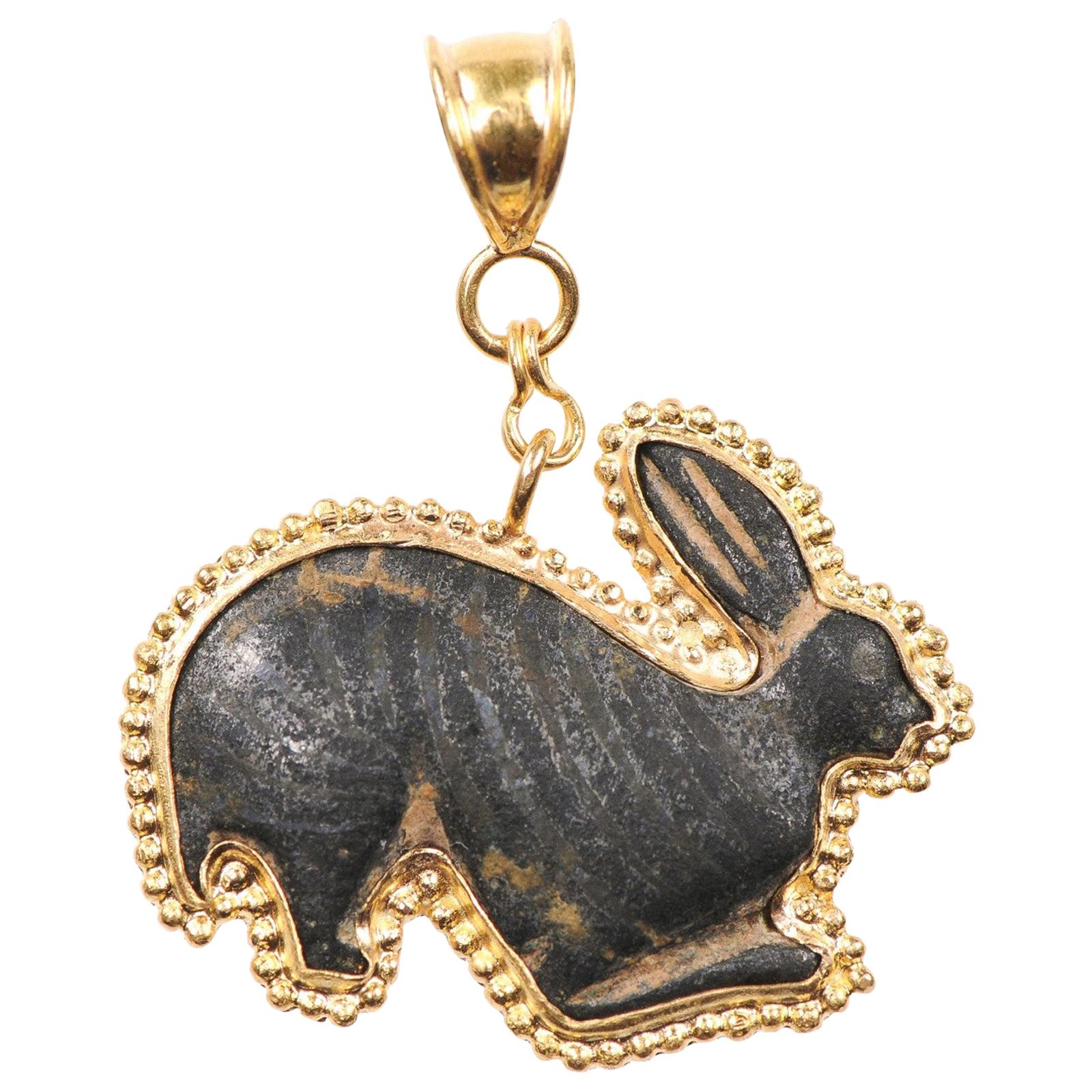 Authentic Roman Bronze Rabbit Fragment Set in New 21-Karat Gold Pendant