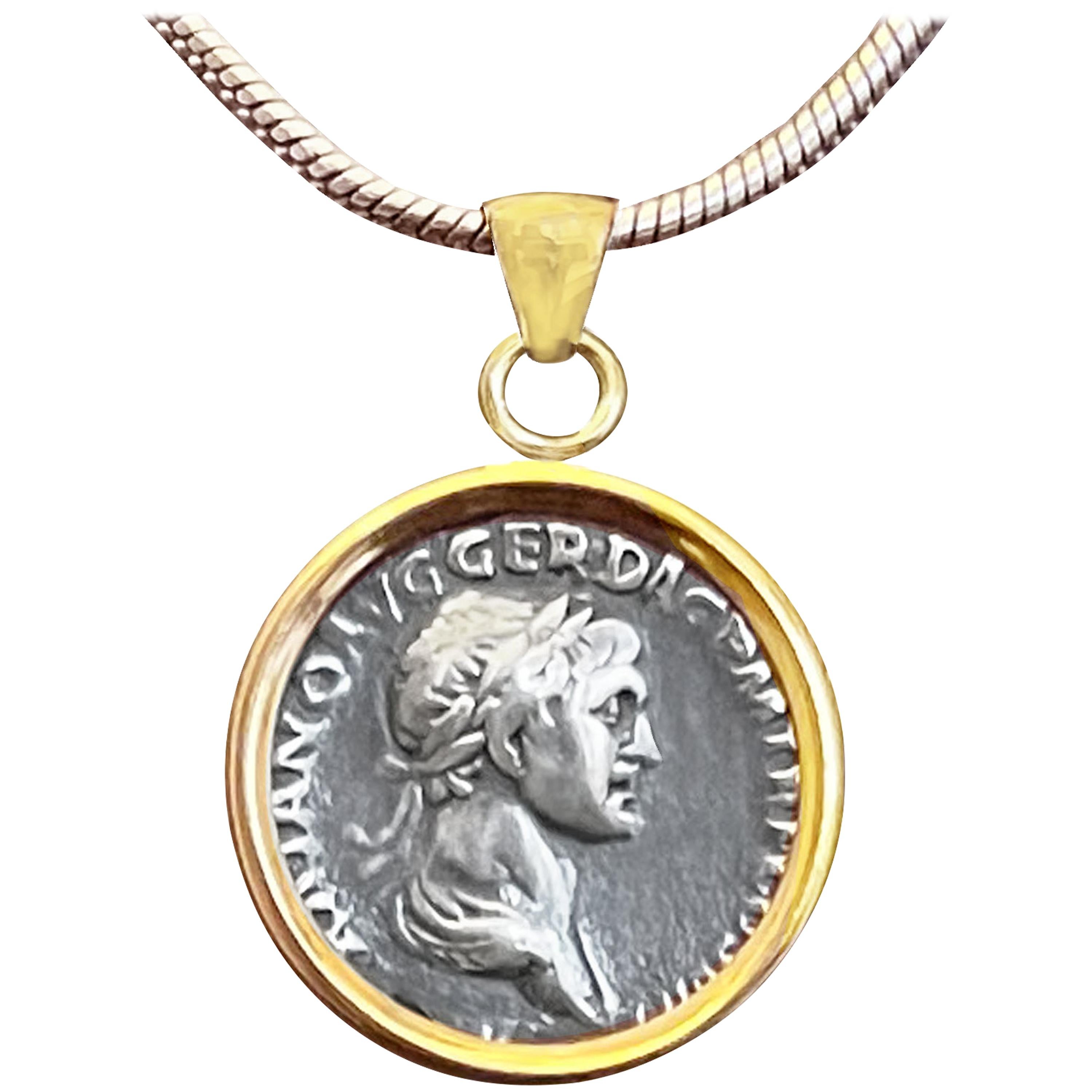 Authentic Roman Coin 18 Karat Gold Pendant Depicting Emperor Trajan '98-117 AD'