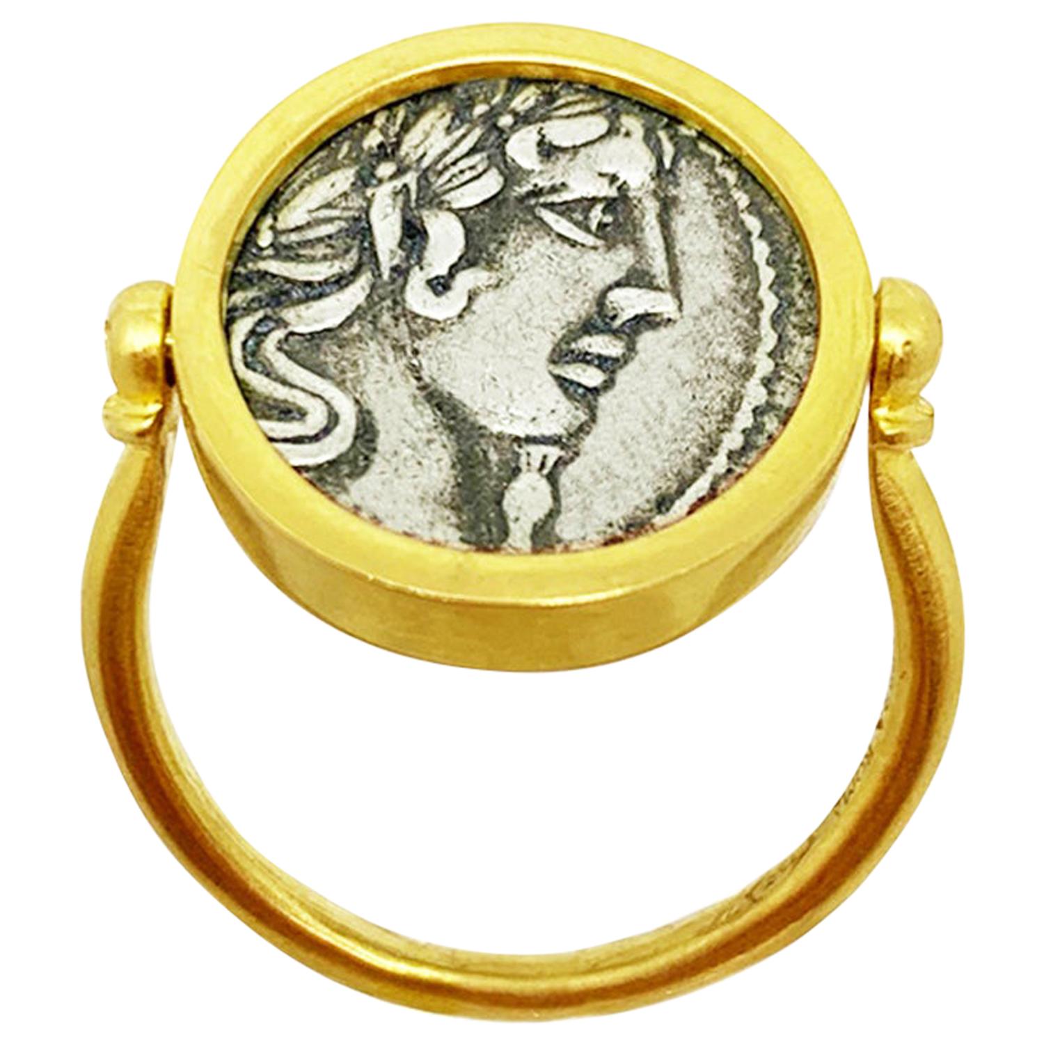  Roman God Apollo Silver Coin 1st century BC 18 Kt Revolving Double Face Ring 