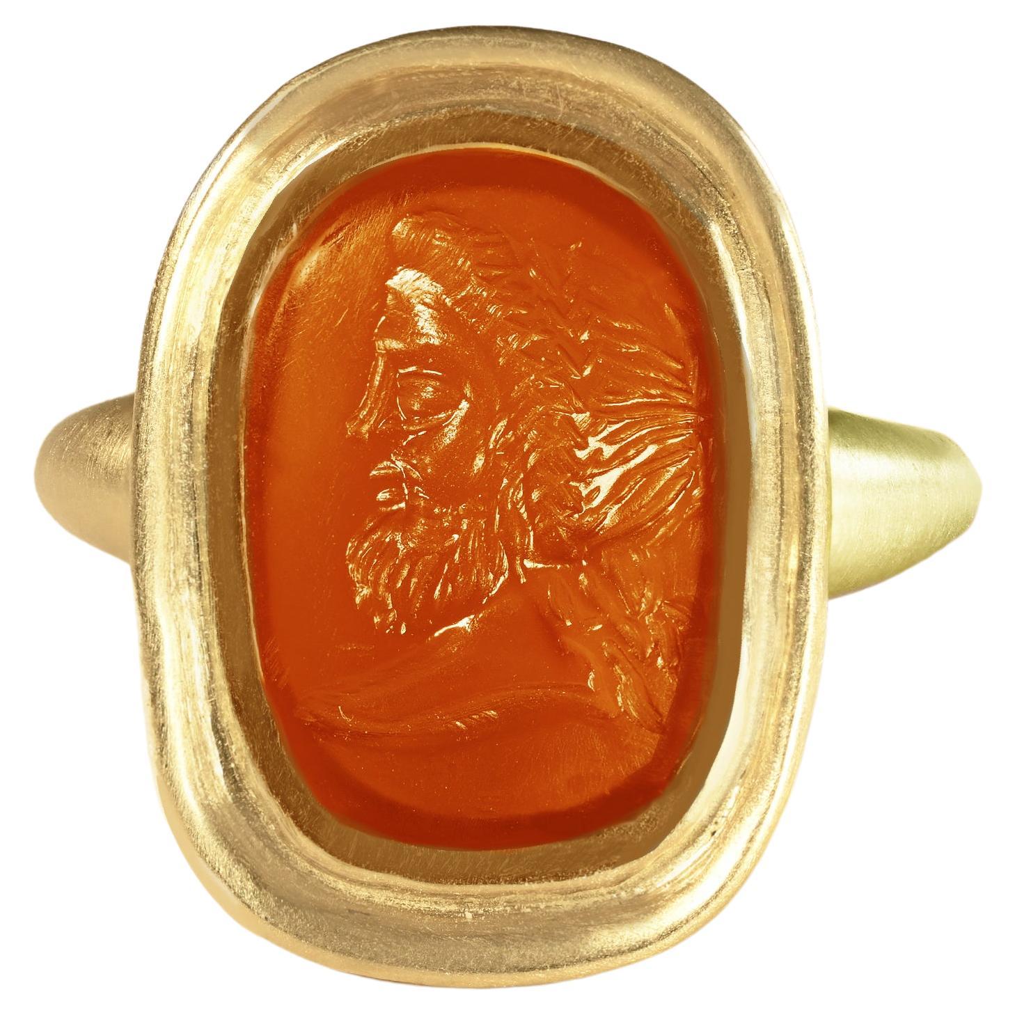 Authentic Roman Intaglio 1st-2nd century AD 18 kt Gold Ring depicting God Zeus For Sale