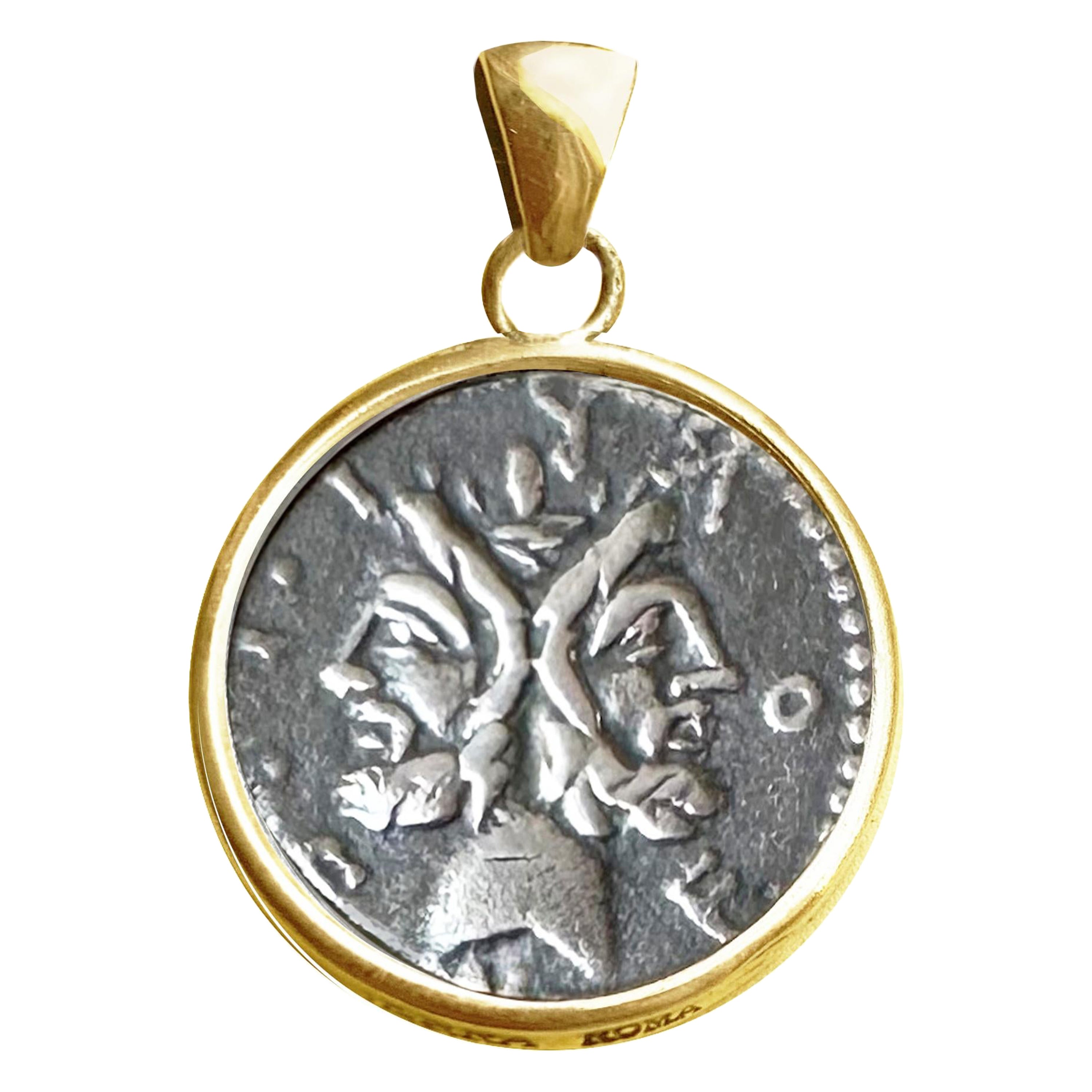 Authentic Roman Silver Coin 18 Kt Gold Pendant depicting Two-faced God Janus For Sale