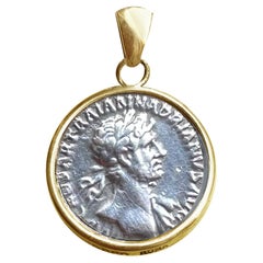 Authentic Roman Silver Coin 18 Kt Gold Pendant with Emp. Hadrian '2nd cent. AD'
