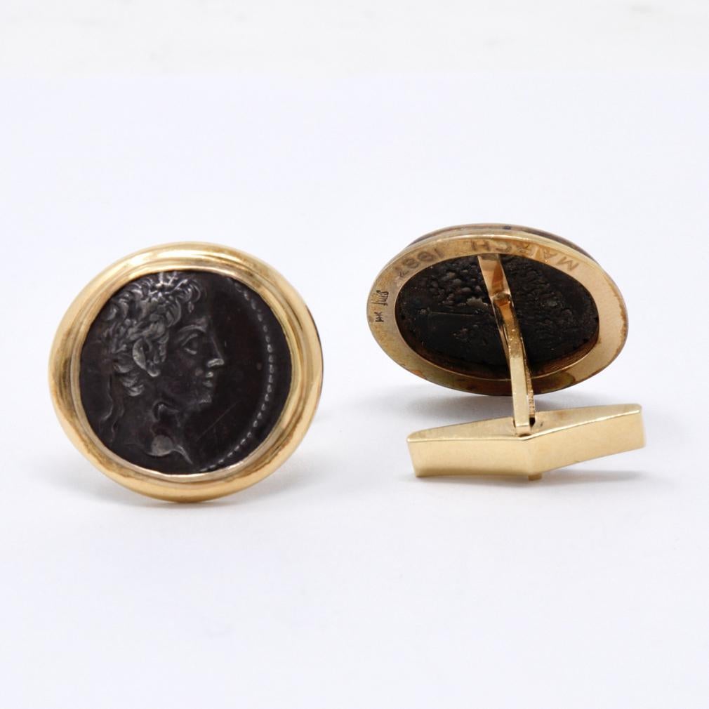 Authentic Roman Silver Coins set as Cufflinks in 14K Gold In Good Condition For Sale In Point Richmond, CA