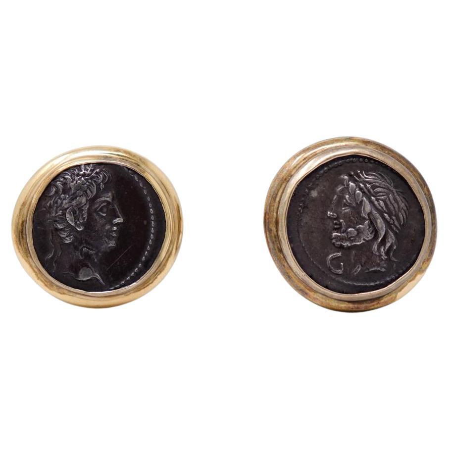 Authentic Roman Silver Coins set as Cufflinks in 14K Gold For Sale