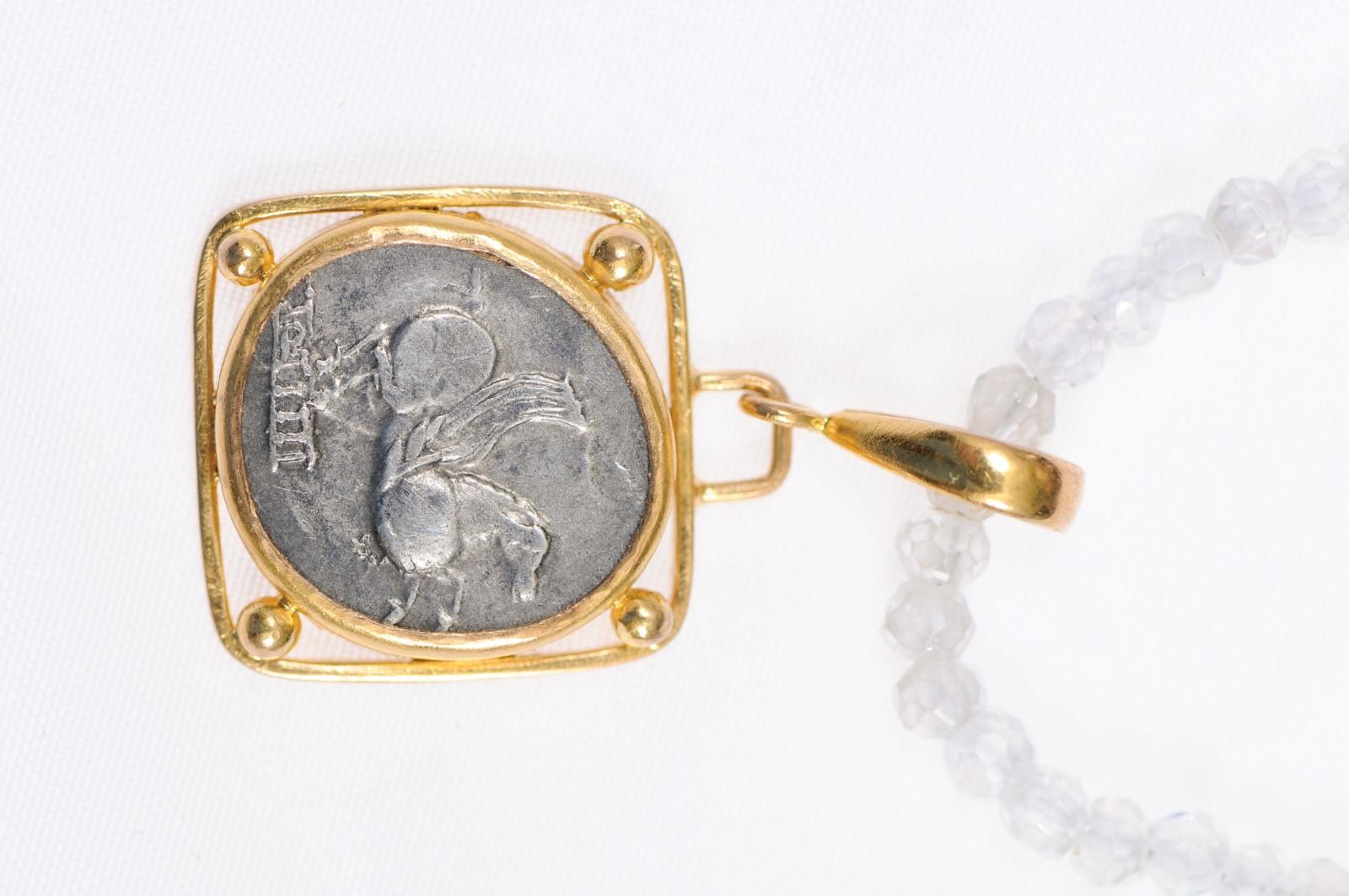 Authentic Roman Silver Denarius Coin w/Pegasus Set in a Custom 22k Gold Pendant For Sale 1