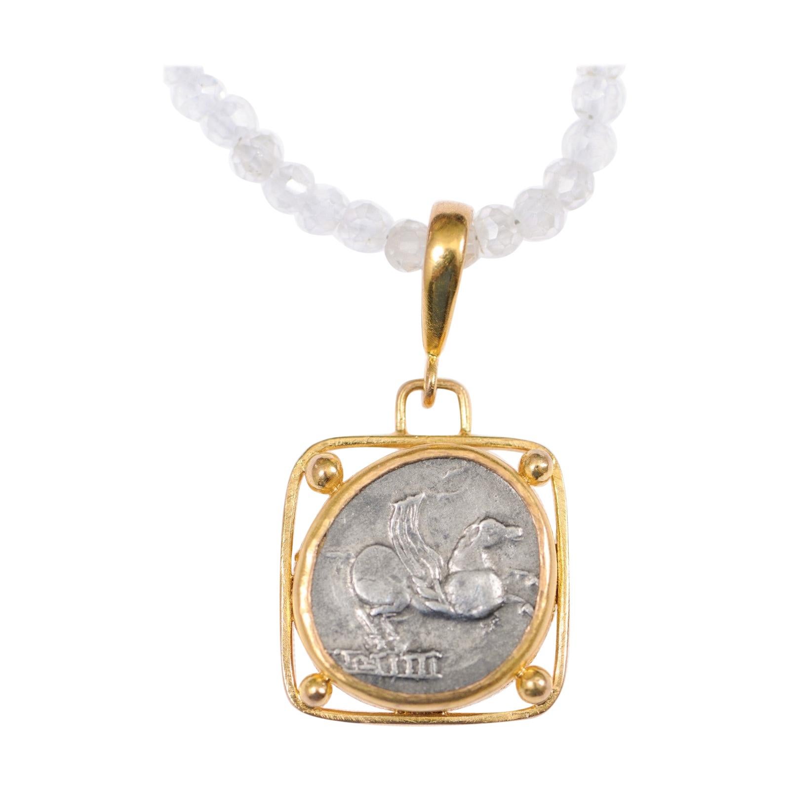 Authentic Roman Silver Denarius Coin w/Pegasus Set in a Custom 22k Gold Pendant For Sale