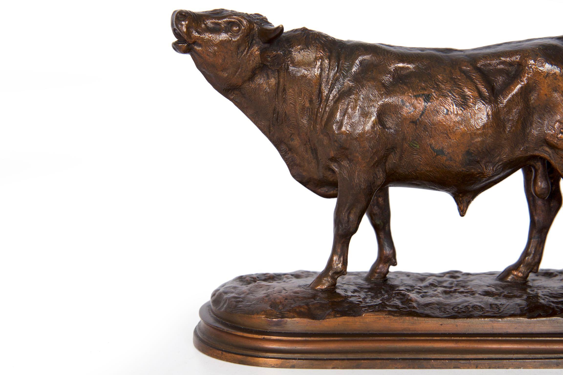 A finely cast bronze sculpture after the model by Rosa Bonheur, this gorgeous little work of a bellowing bull is finished in a most attractive reddish-brown patina with a chaotic rubbed gilding, entirely original and remaining in excellent