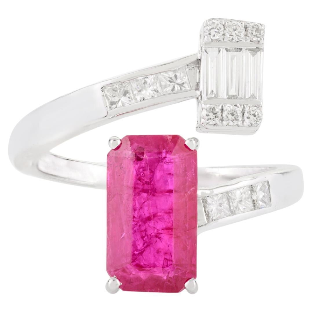Authentic Ruby Diamond Cluster Open Ring for Women in 18k Solid White Gold