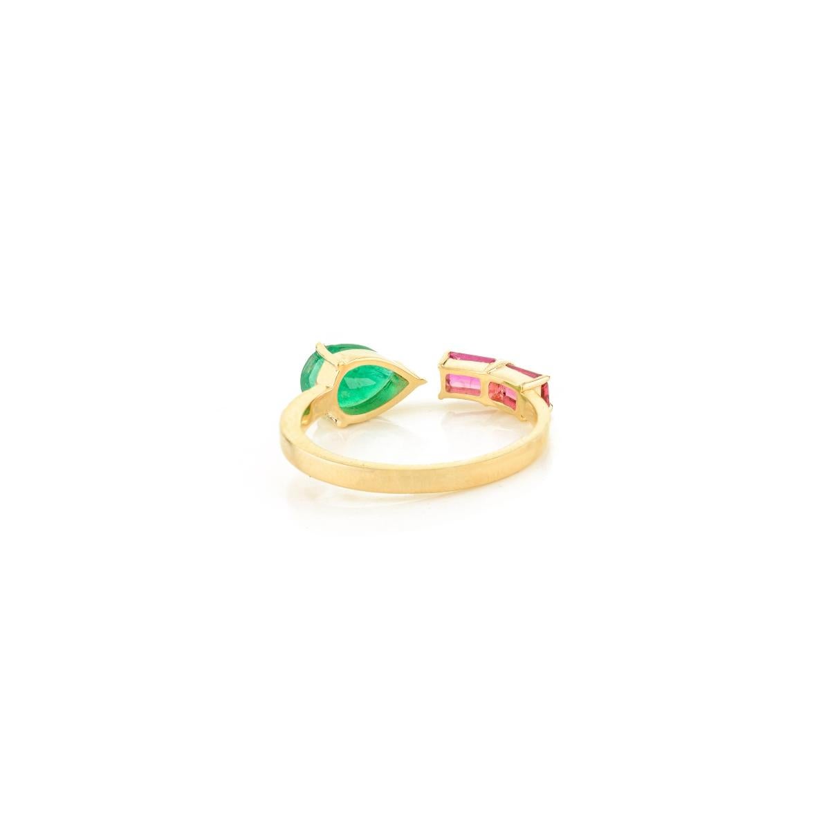 En vente :  Authentique bague Toi et Moi en or jaune 14k avec rubis et émeraude pour femme Craftée 2