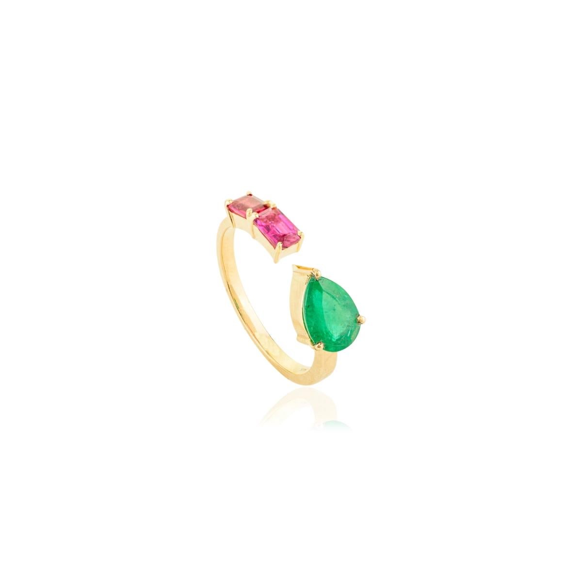En vente :  Authentique bague Toi et Moi en or jaune 14k avec rubis et émeraude pour femme Craftée 4