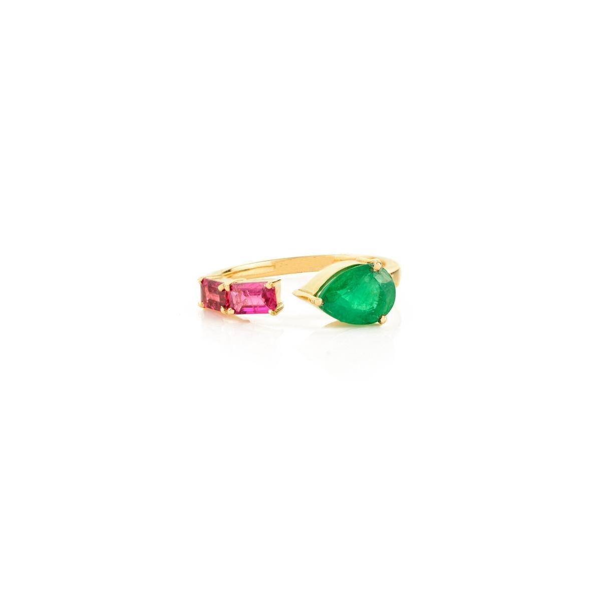 En vente :  Authentique bague Toi et Moi en or jaune 14k avec rubis et émeraude pour femme Craftée 8