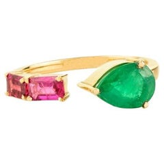 Authentique bague Toi et Moi en or jaune 14k avec rubis et émeraude pour femme Craftée