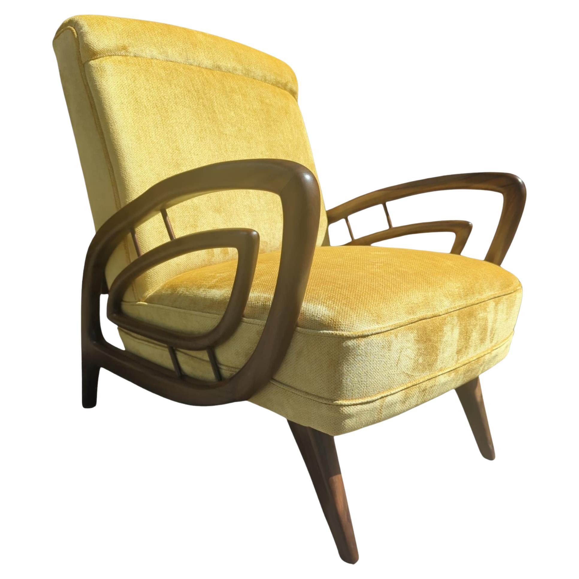 Authentic Rudowski armchair fully restored mustard velvet blackbean For Sale