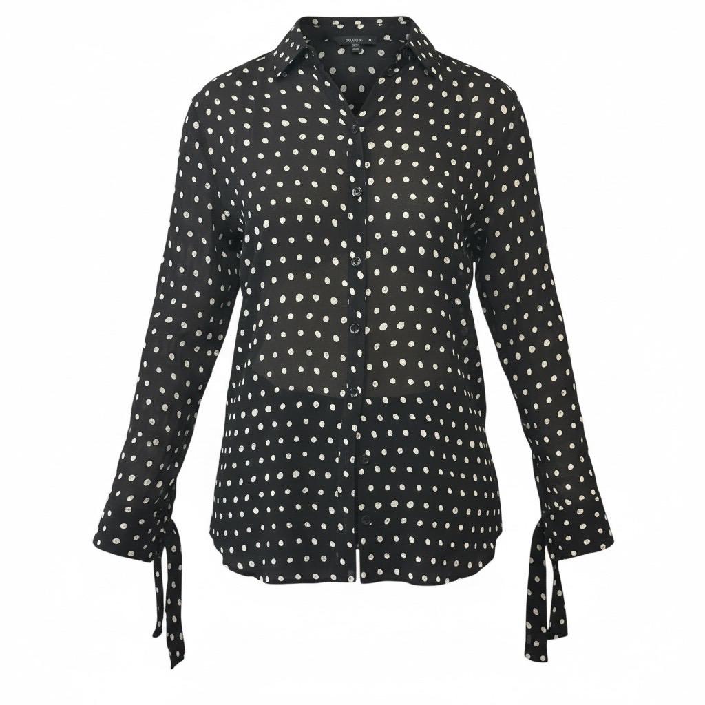 auténtico Saint Laurent París Blusa clásica de crepé con lunares FR 36 Detalles de corbata en venta