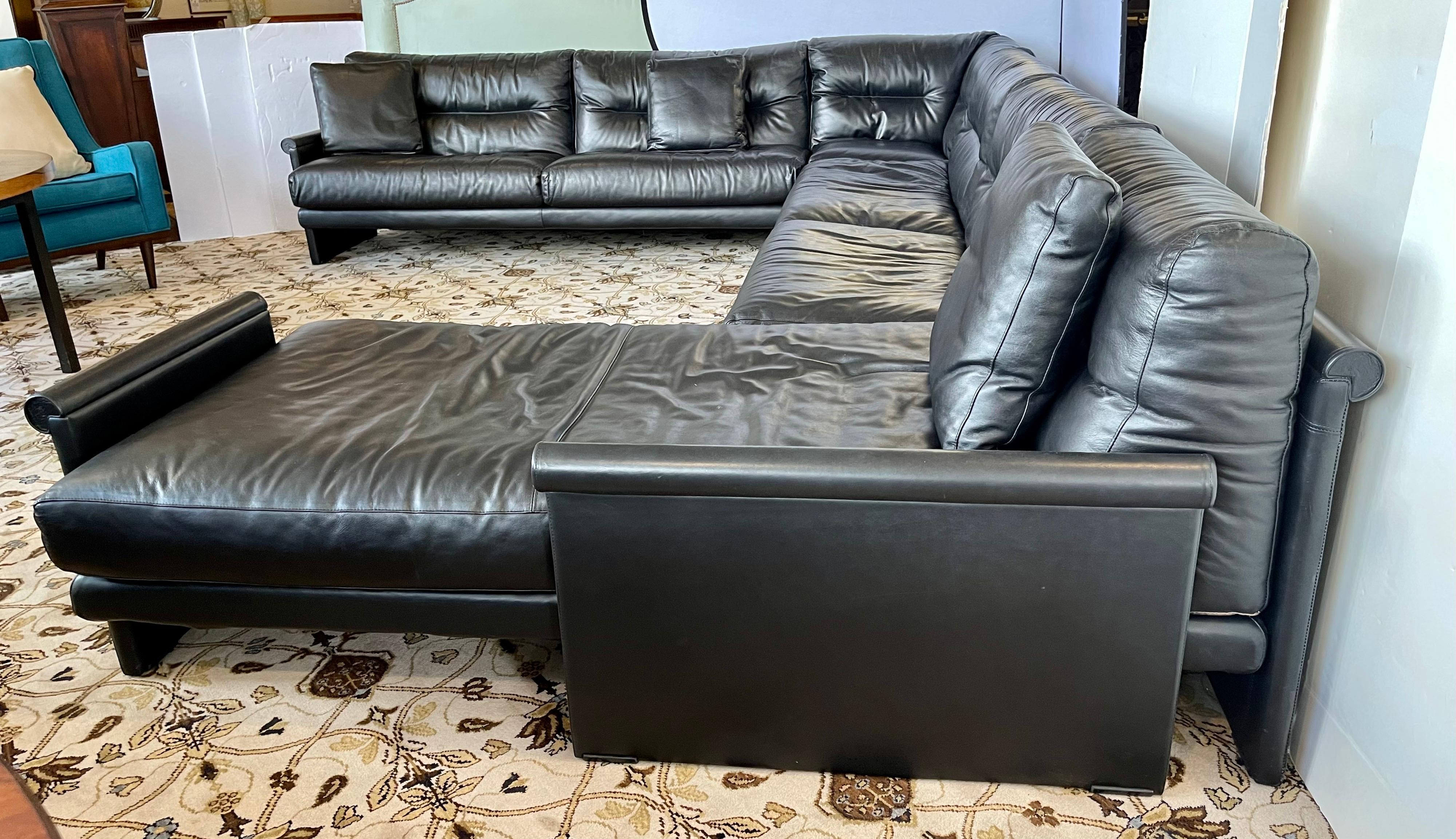 Mid-Century Modern Authentic Saporiti Italia Large Sleek Black Leather Sofa Sectional Made in Italy
