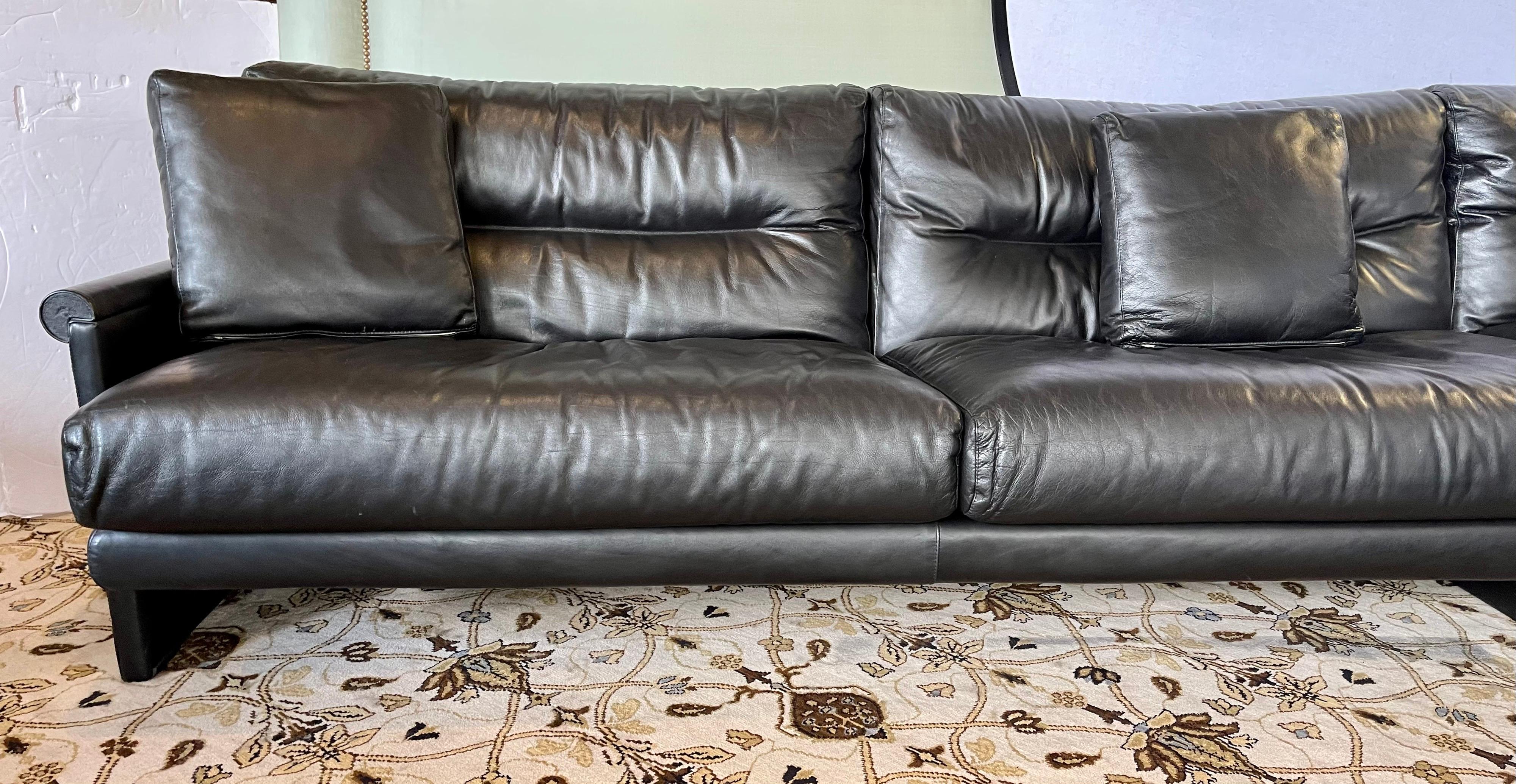 Italian Authentic Saporiti Italia Large Sleek Black Leather Sofa Sectional Made in Italy